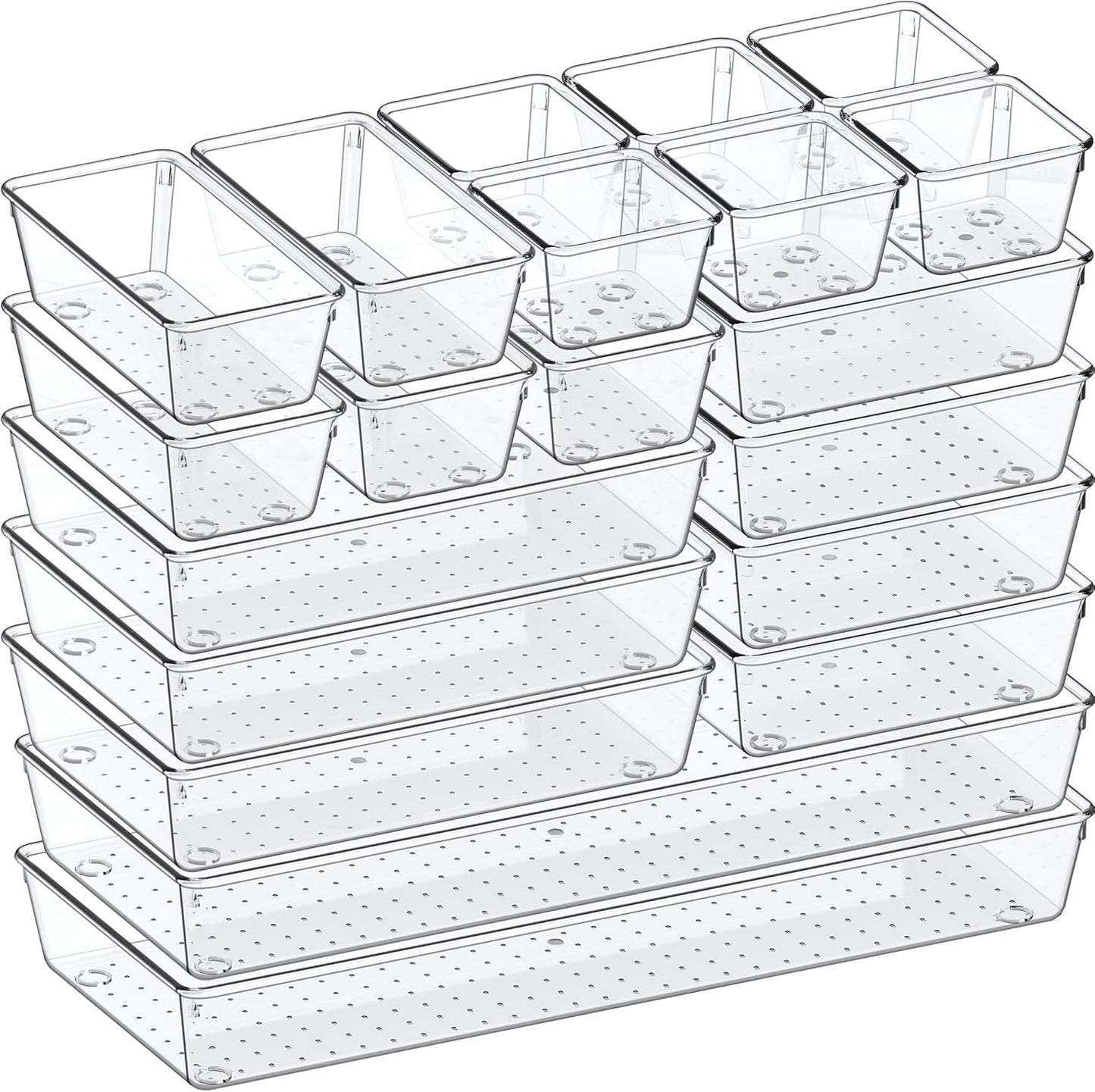 Criusia Drawer Organizer, 5-Size Versatile Bathroom and Vanity Organizer Trays, 20 Pack Clear Plastic Kitchen Drawer Organizers Set, Storage Bins for Makeup, Bathroom, Jewelries and Office