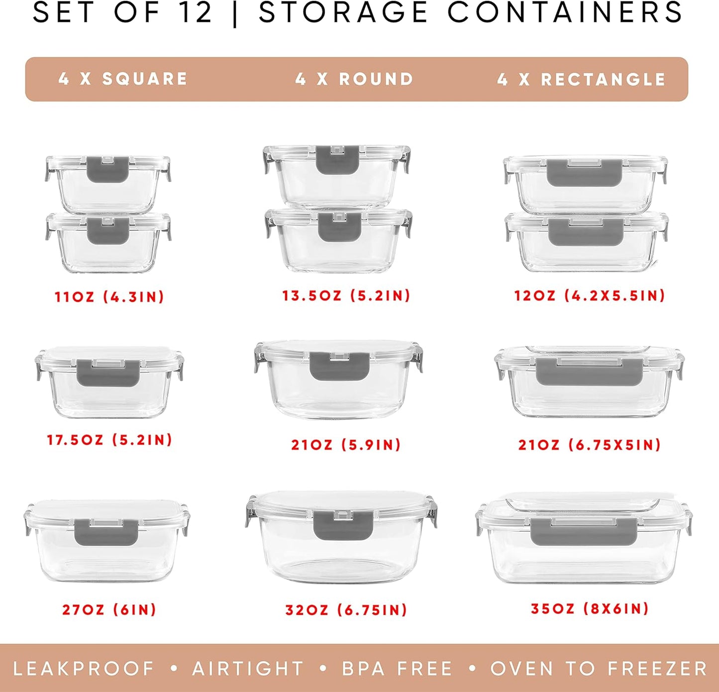 JoyJolt 24pc Borosilicate Glass Storage Containers with Lids | 12 Airtight/Freezer Safe Food Storage Containers for Pantry and Kitchen | Meal Prep Container for Lunch | Glass Tupperware Set