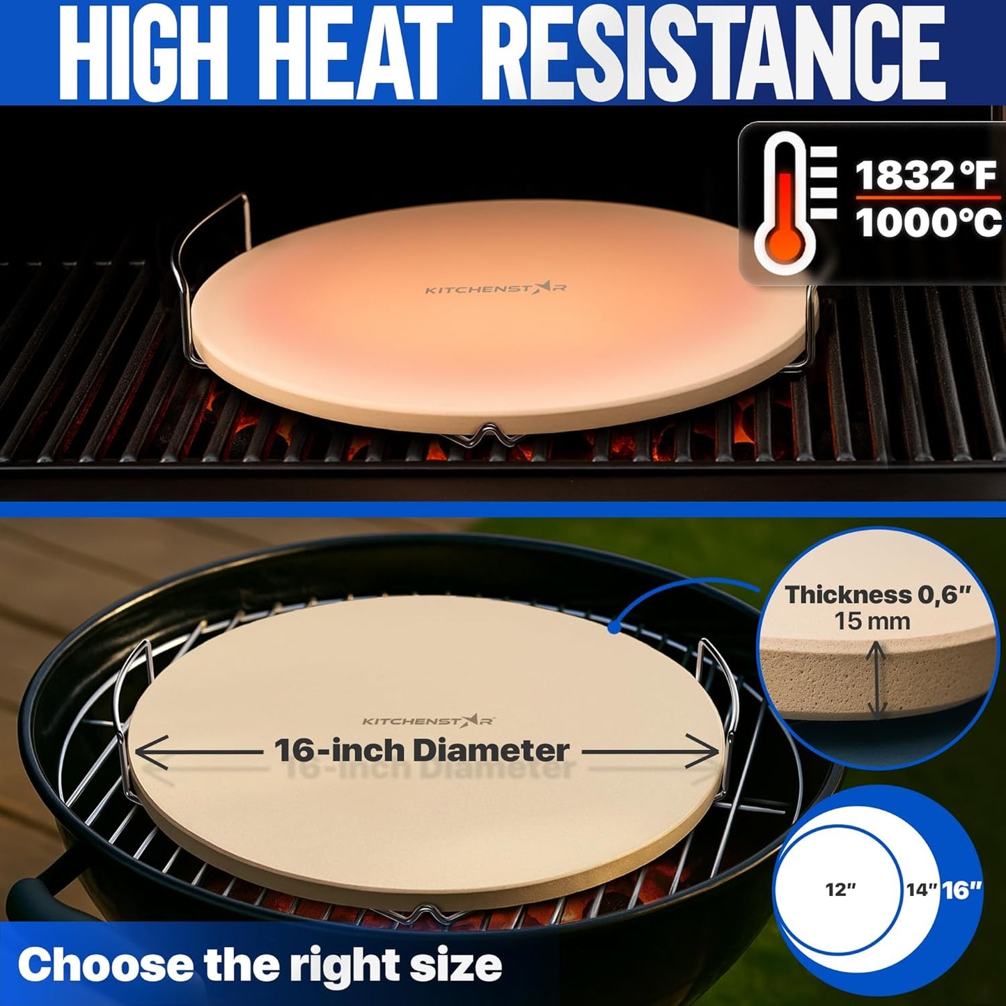 KitchenStar 16-inch Pizza Stone for Oven and BBQ Grill with Handles, Round, 5/8" Thick - Natural Cordierite, 1800 °F Resistant, Baking Stone Set with Stainless Steel Rack & Plastic Scraper Tool