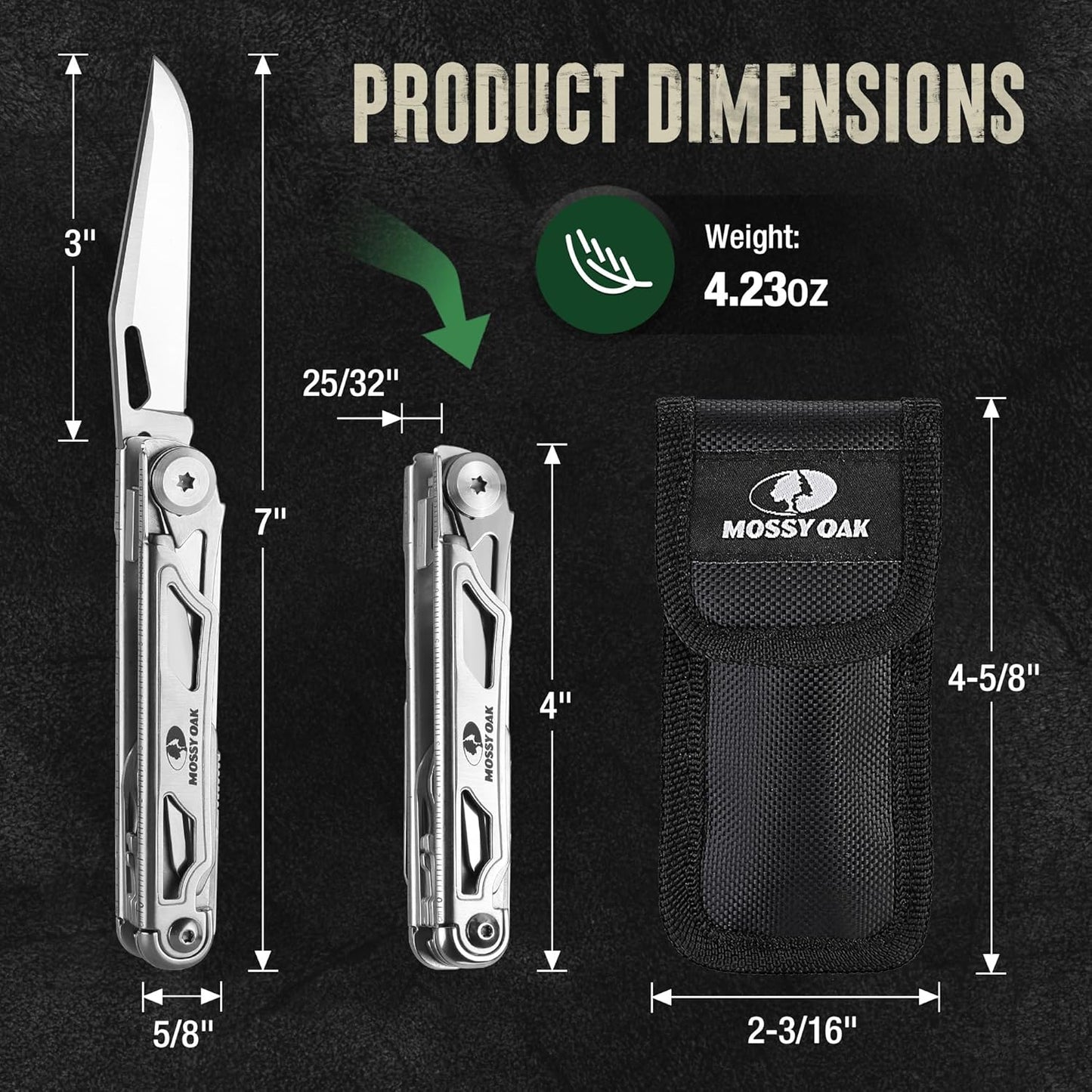 Mossy Oak 12-in-1 Multitool Pocket Knife with Pouch, Stainless Steel Multitool Knife with Clip, Survival Tools with Scissors, Bottle Opener, Wire Stripper, Glass Breaker, Screwdriver