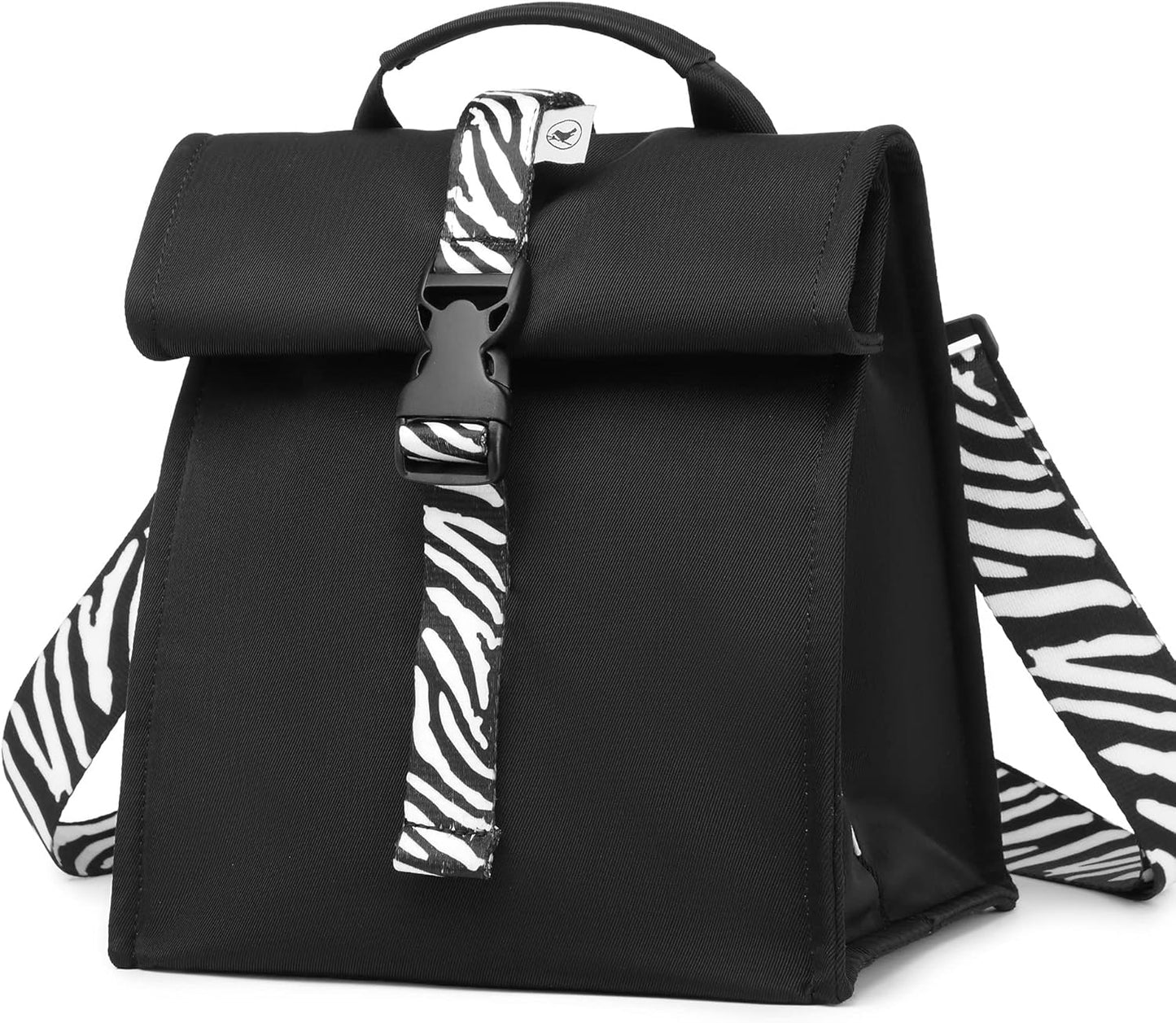 SUNNY BIRD Insulated Lunch Bag Rolltop Lunch Box Tote Bag for Women, Men, Adults and Teens (Black with white strap)