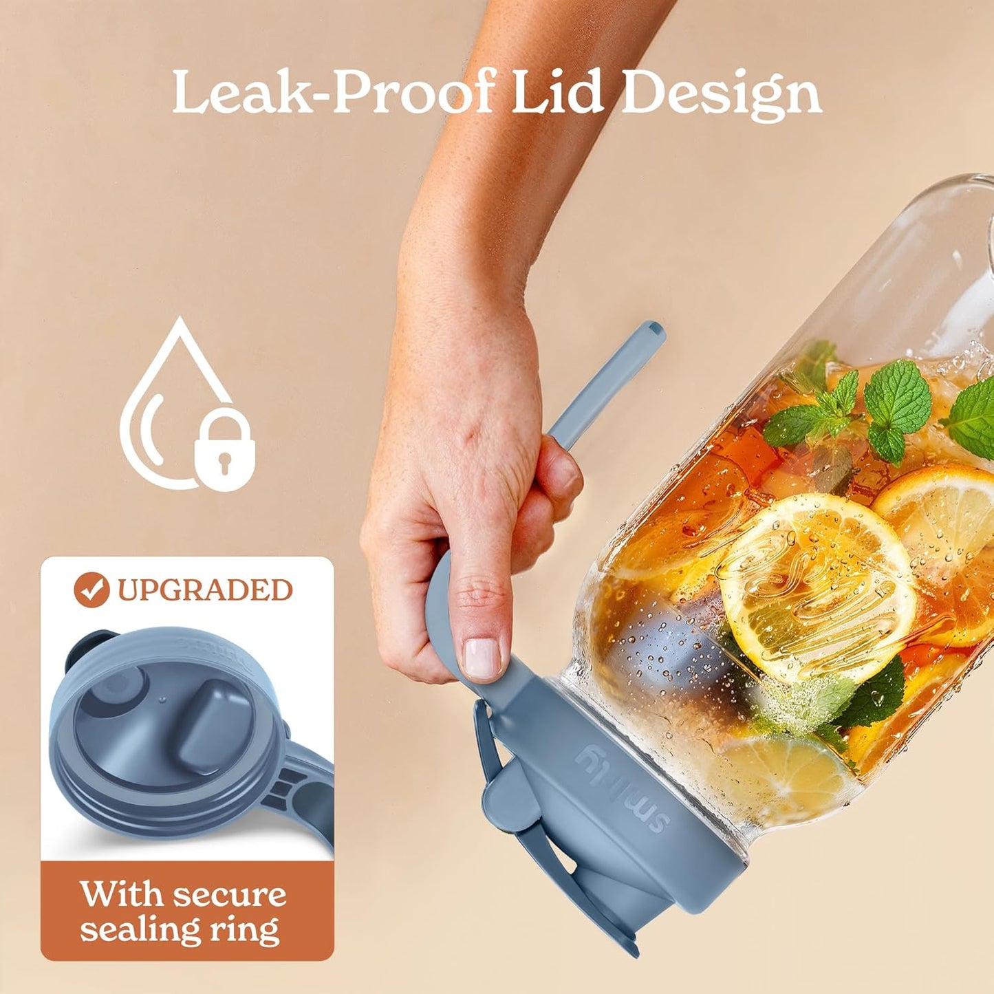 SMIRLY 64 oz Mason Jar Pitcher, Glass Pitcher with Wide Mouth, Water Jug with Double Leak Proof Lid for Iced Coffee, Hot Water, Breast Milk