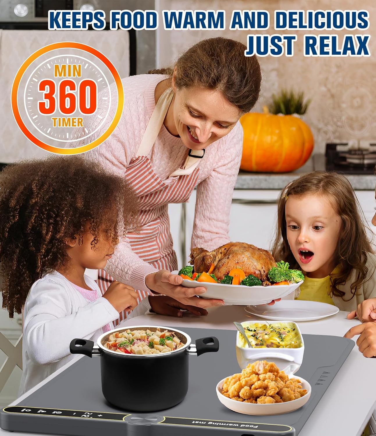 Food Warming Mat, Rapid Heating Electric Warming Tray with 9 Temp Setting and 6 Hours Timer, Foldable Warming Mat for Food, Portable Food Warmers for Parties Buffet, Gray