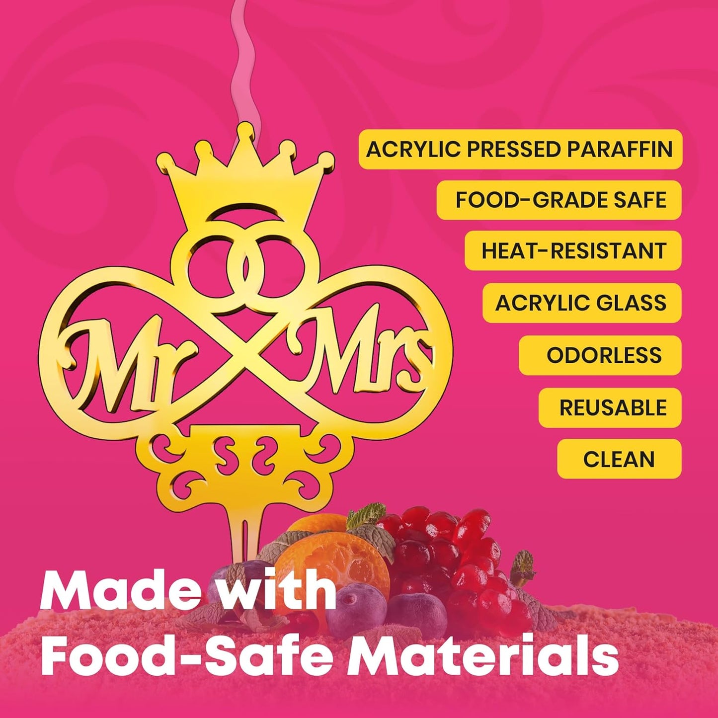 Mr and Mrs Reusable Gold Romantic Cake Candle - Luxury Cake Topper Candle for Birthdays, Weddings & Anniversaries - Reusable Food Safe Acrylic, Shiny Mirror Finish - Happy Birthday Cake Topper Decor