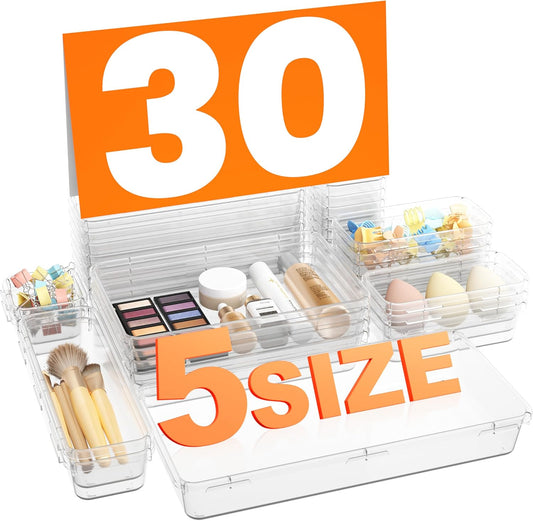 A-LuGei 【𝟯𝟬𝗣𝗰𝘀】【𝟱𝗦𝗶𝘇𝗲】 Drawer Organizer, Bathroom Organizers and Storage, Makeup organizer, Desk drawer organizer, Storage Bins for Kitchen Office Bedroom Vanity Tool Trays【𝐂𝐥𝐞𝐚𝐫】