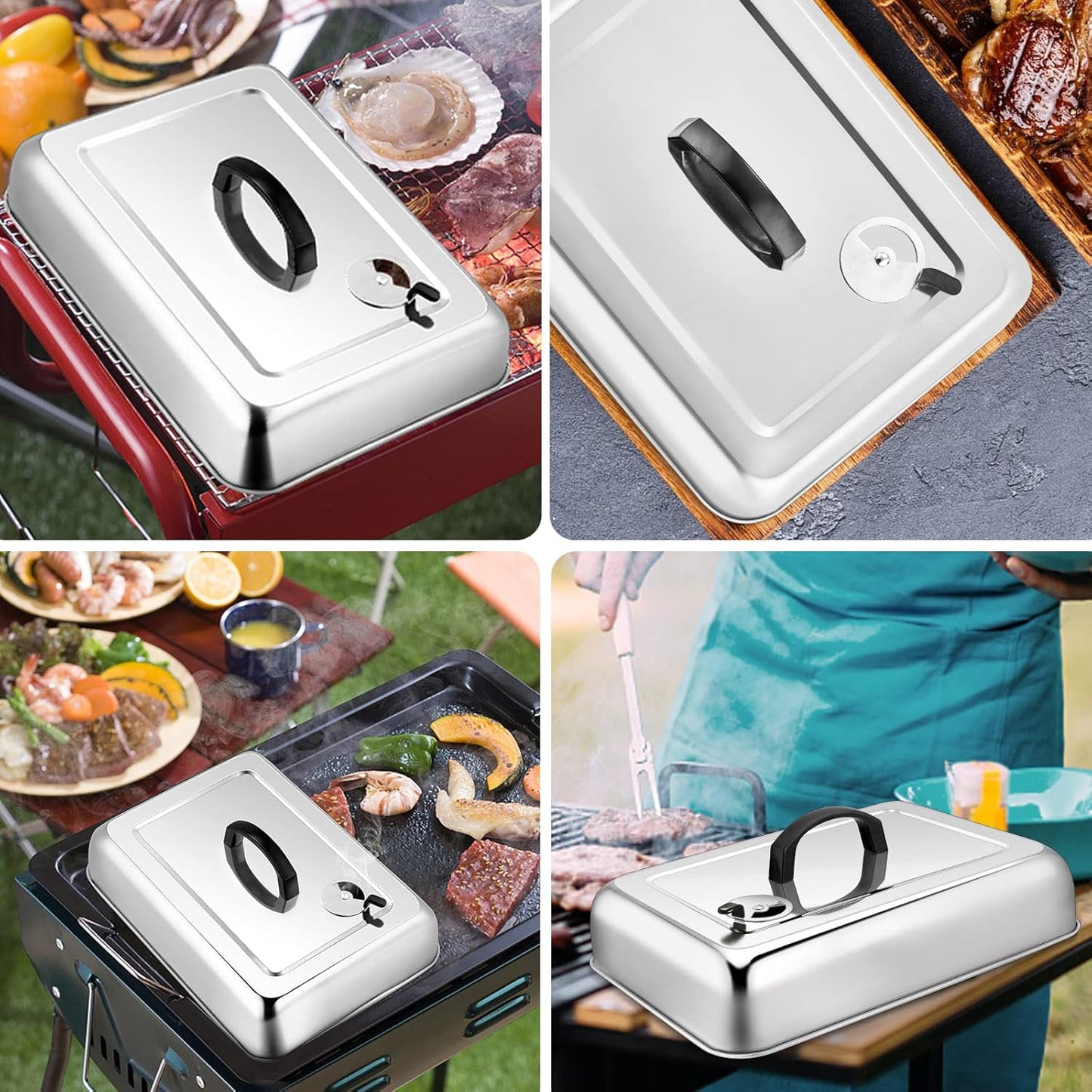 Leonyo 13" Rectangular Basting Cover with 11"x 9" Cooling Rack, Cheese Melting Dome & Wire Rack for Baking, Griddle Accessories with Steam Dome Lids for Oven, BBQ Flat Top Grill Cooking