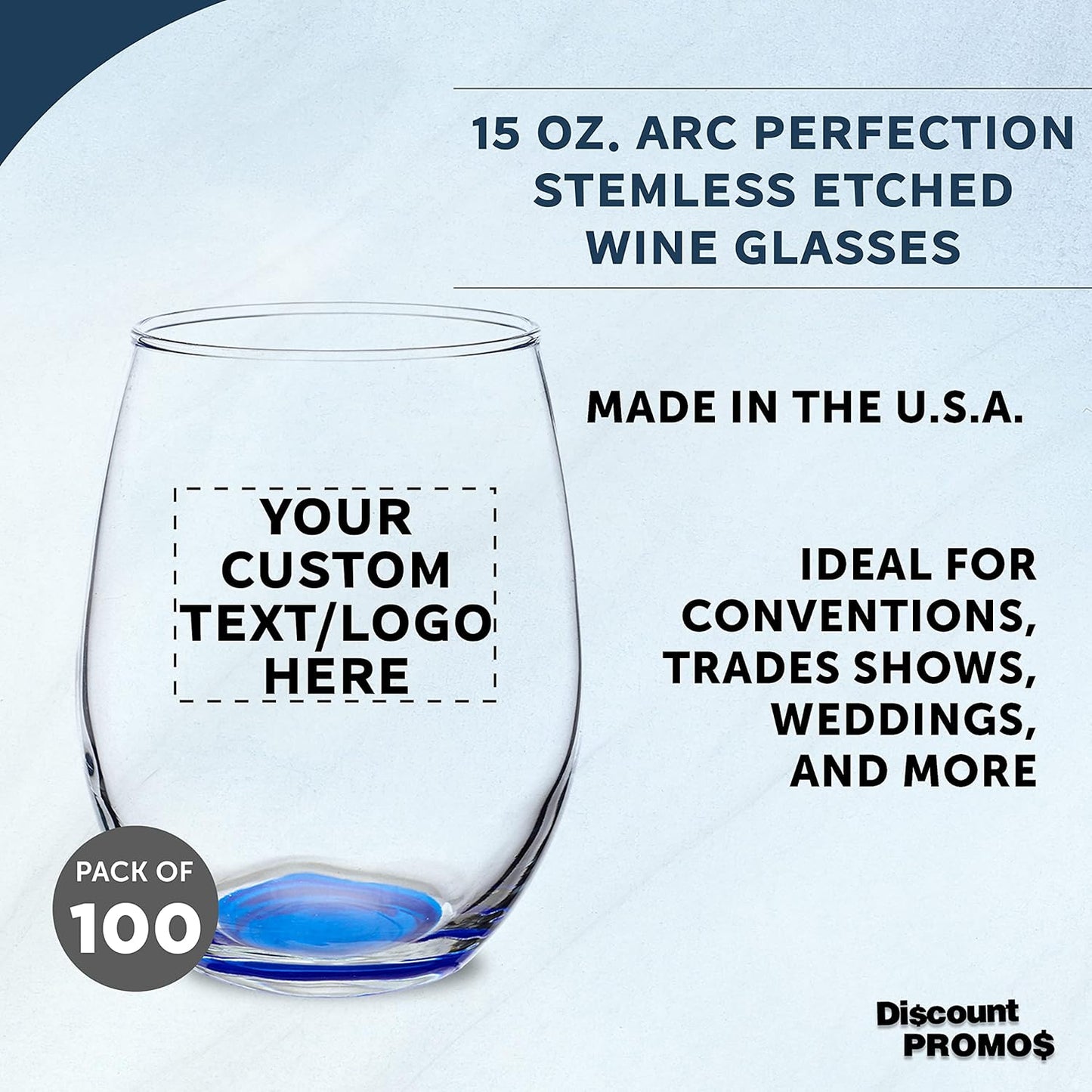 Custom Stemless Wine Glasses in Bulk by ARC Perfection, 15 oz, 100 pack, Personalized Text, Logo, Red or White Wine Glass Set, Blue