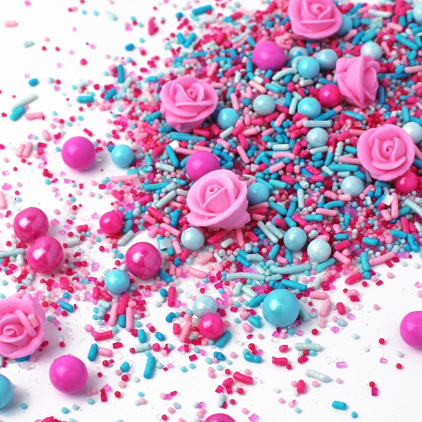 Sprinkle Pop Briar Rose Princess Sprinkle Mix| Pink and Blue Sprinkles with ~6 Hand Piped Royal Icing Roses| Birthday Sprinkles Made in USA for Decorating Cake Cupcakes Donuts Cookies Ice Cream, 2oz