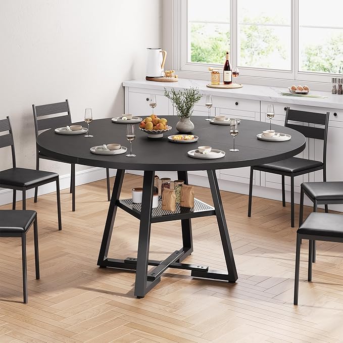 51'' Round Dining Table for 6,Kitchen Dining Room Circle Dinner Pedestal Table,Space Saving Wood Kitchen & Dining Room Furniture (Black, 51In)