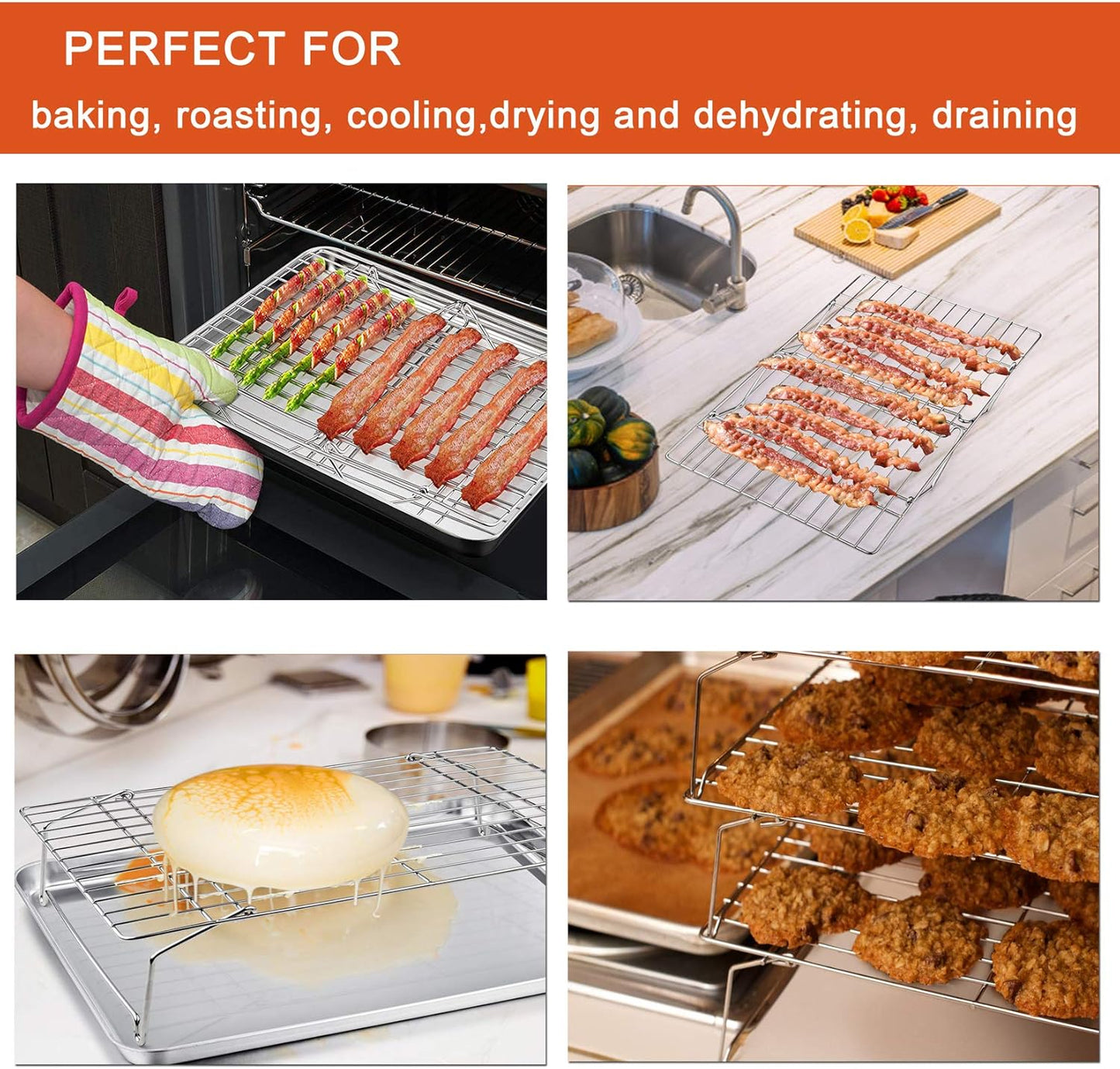 P&P CHEF Cooling Rack, 5-Tier Stainless Steel Stackable Baking Cooking Racks for Cooling Roasting Grilling, Collapsible & Heavy Duty, Oven Safe & Easy Clean, 15" x 10", Silver