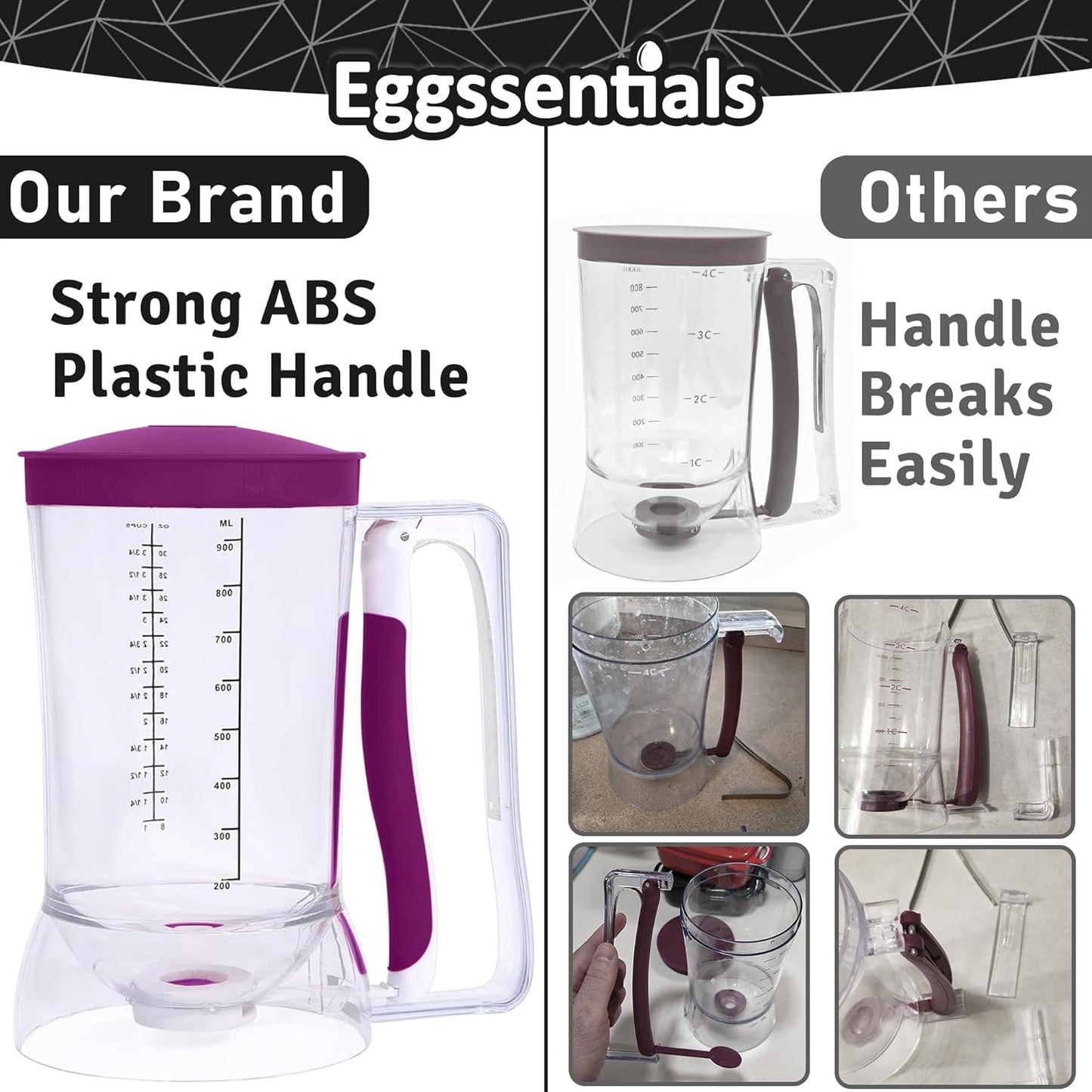 Eggssentials – Batter Dispenser Mess-Free, Squeeze Handle, Cupcakes, Waffles & More – Durable, Easy-Pour Pancake Dispenser Bottle for Smooth Baking