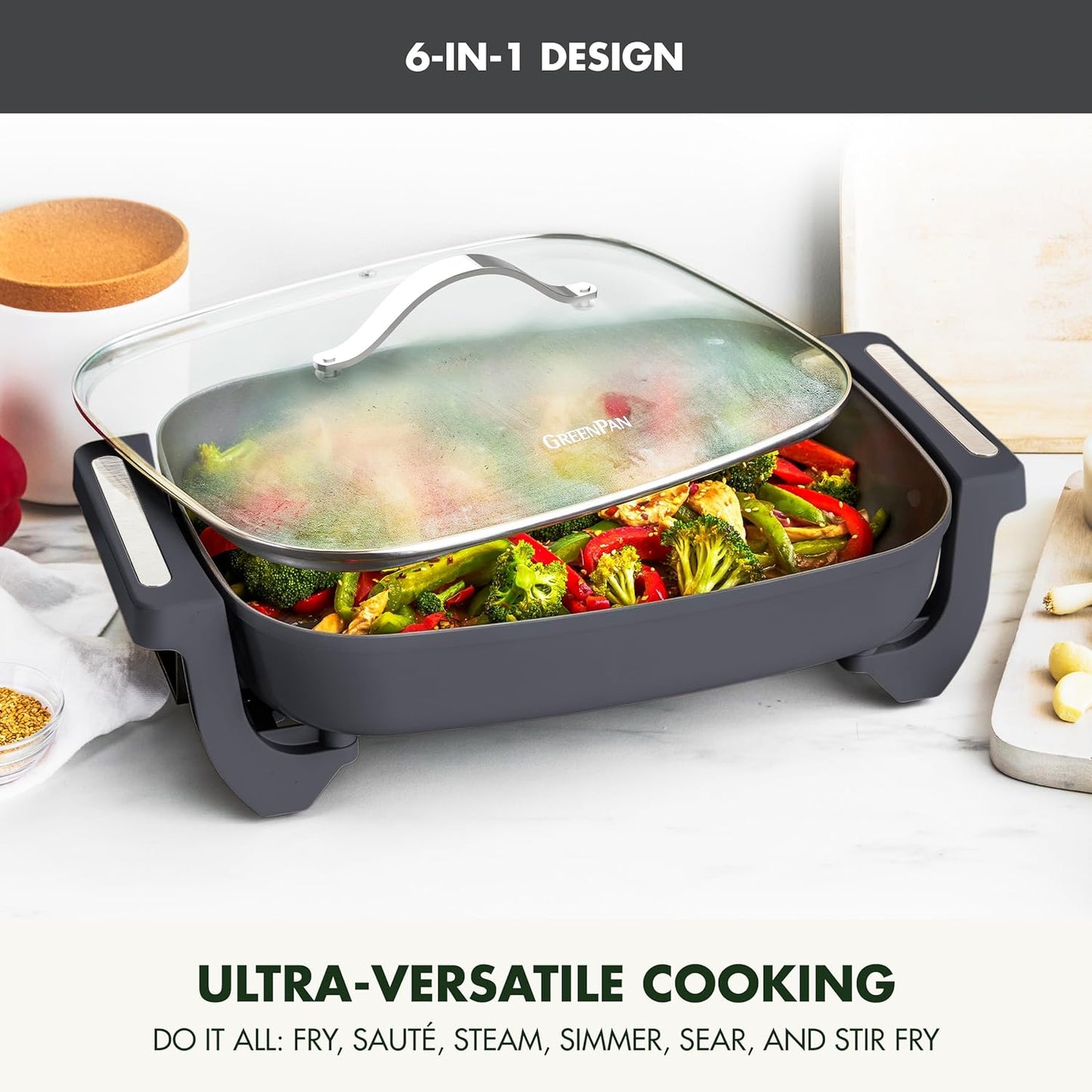 GreenPan Advanced 12” X 15” Electric Skillet with Lid, 7QT Capacity for Family Meals, Healthy Ceramic Nonstick PFAS-Free Coating, Fry, Sauté, Steam, Simmer, Sear, Stir Fry, Dishwasher Safe, Graphite