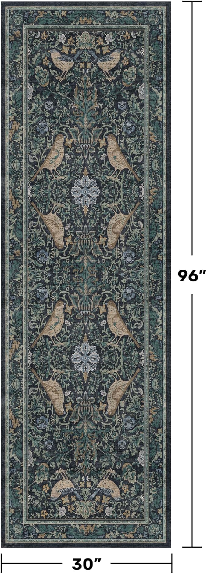 Boho Vintage 2'6"x8' 8ft Hallyway Long Runner Rug - Non Slip Washable Front Door Rug Indoor Entrance, Kitchen, Bathroom, Low Pile & Soft Woodland Floral Kitchen Floor Mats