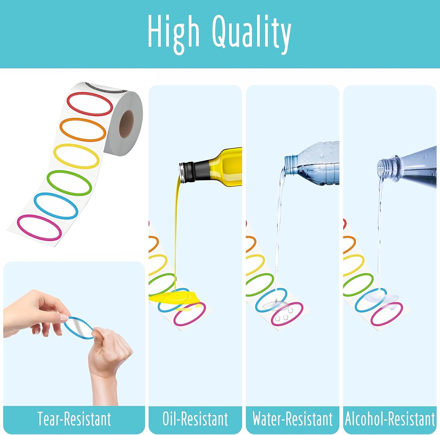 500 Removable Freezer Pantry Canning Labels, 8 Colorful Polka Borders, Water Oil Resistant with Perforation Line for Food Containers Jars Kitchen Restaurant Storage Organization