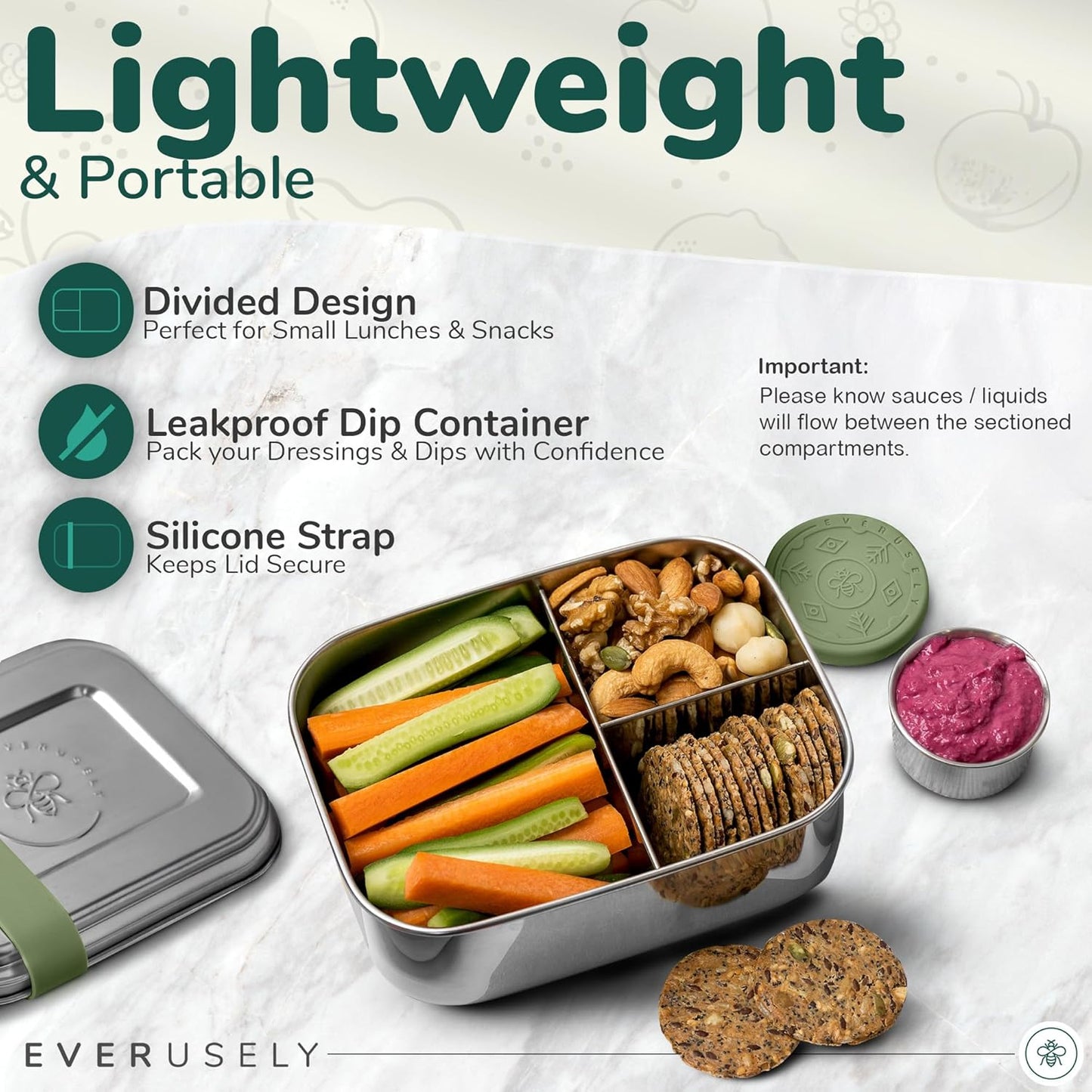 Everusely - Bento Box - Sage, 27oz / 0.8 L - Stainless Steel Lunch Box with Leakproof Condiment Container - 3 Compartment Snack Organizer for On the Go Meals - Freezer & Dishwasher Safe