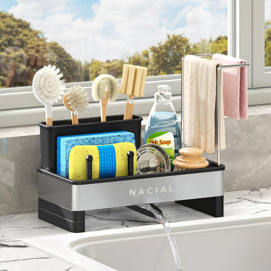 Nacial Kitchen Sink Caddy Organzier with High Brush Holder, Sponge Holder for Kitchen Sink with Two Towel Racks & Soap Dispenser- Rustproof 304 Stainless Steel Kitchen Countertop Storage Essentials