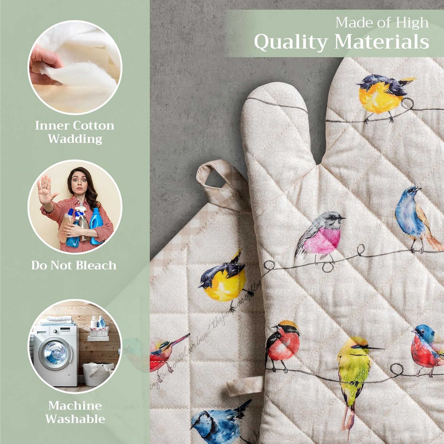 Maison d' Hermine 100% Cotton Oven Mitt & Pot Holder Set (7.5"x13" & 8"x8") Heat Resistant BBQ Cooking Gloves with Loop, Baking, Grilling, Kitchen, Handling Hot Pans Spring/Summer (Birdies On Wire)
