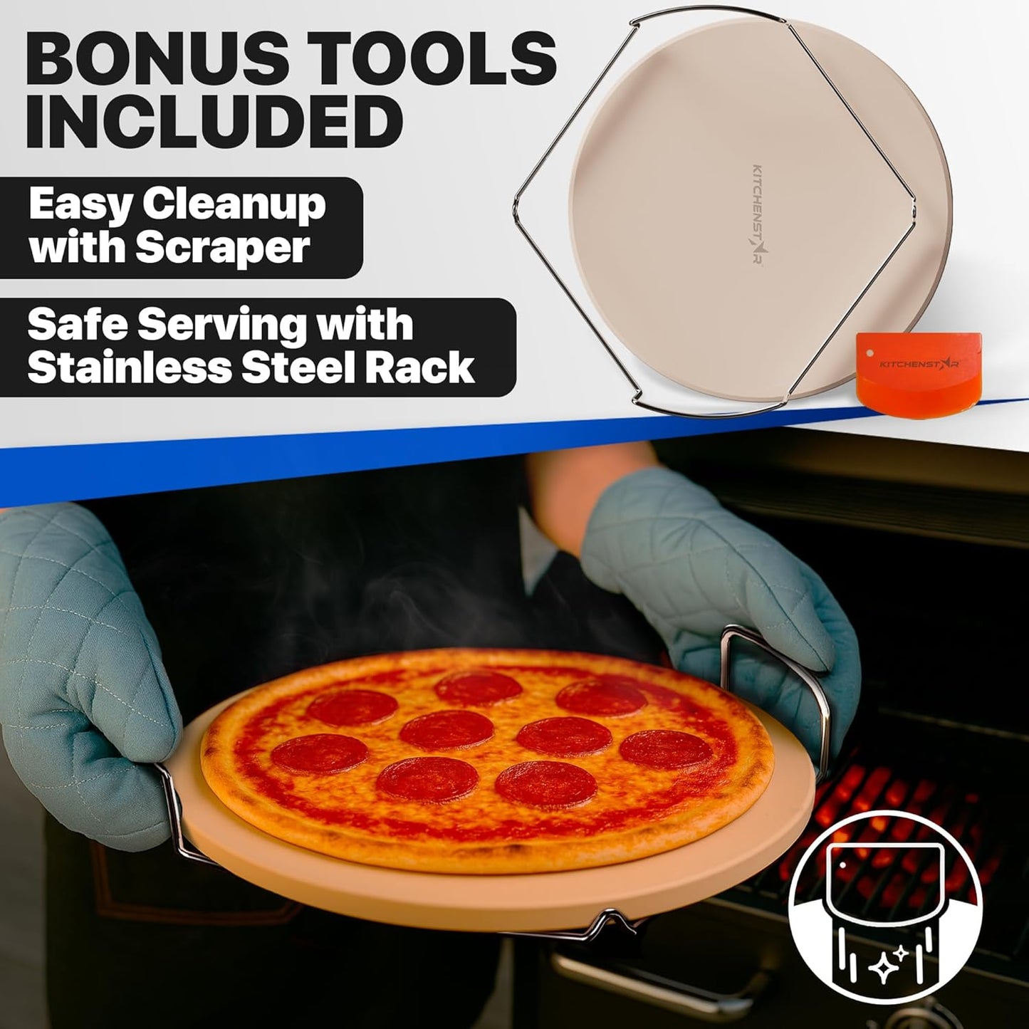 KitchenStar 14-inch Pizza Stone for Oven and BBQ Grill with Handles, Round, 5/8" Thick - Natural Cordierite, 1800 °F Resistant, Baking Stone Set with Stainless Steel Rack & Plastic Scraper Tool