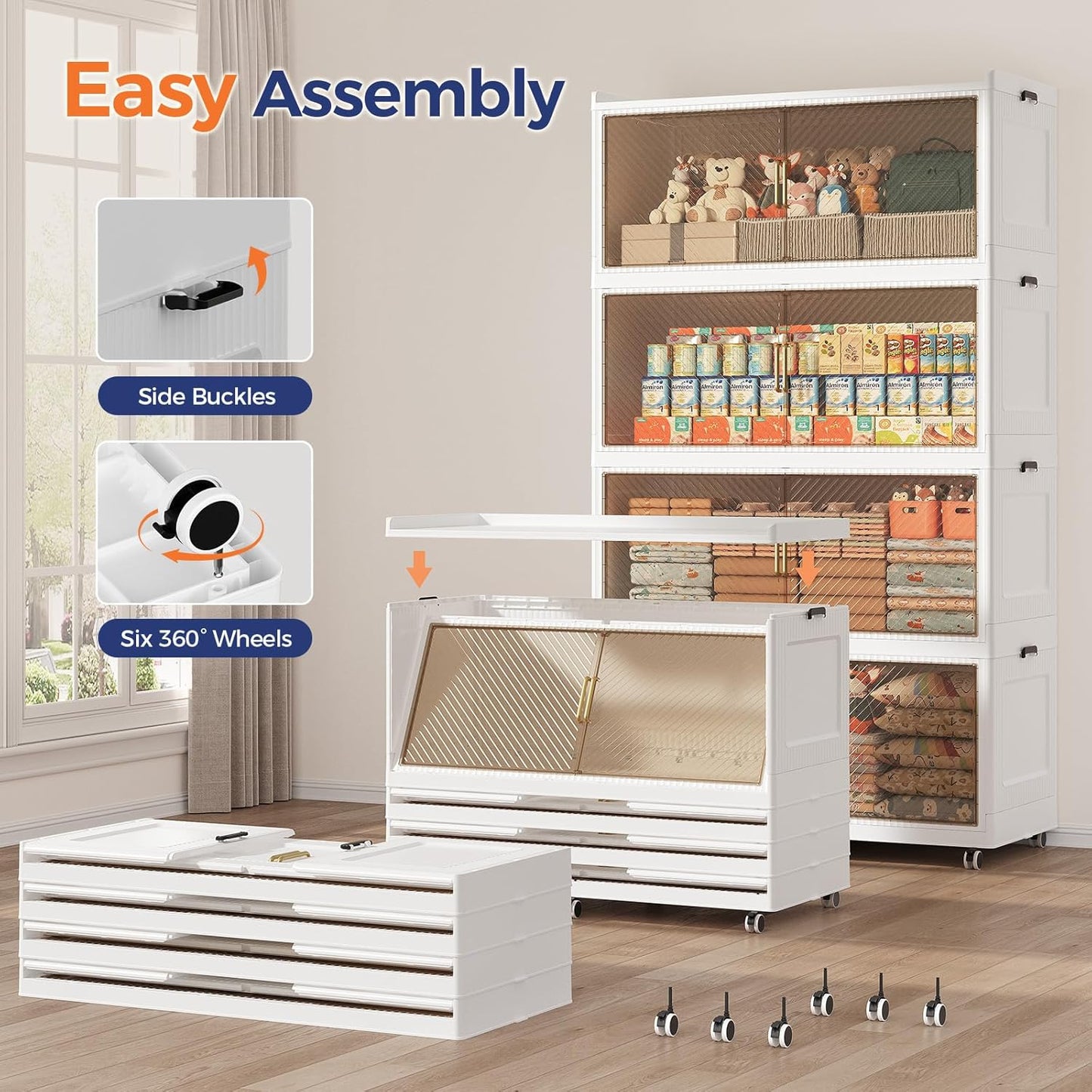 200GAL Extra Large Storage Bins with Lid, 800QT Plastic Stackable Storage Bins with 6x Wheels, Collapsible Closet Organizer and Storage Drawer Cabinet for Living Room Office Dorm, 4Pack White