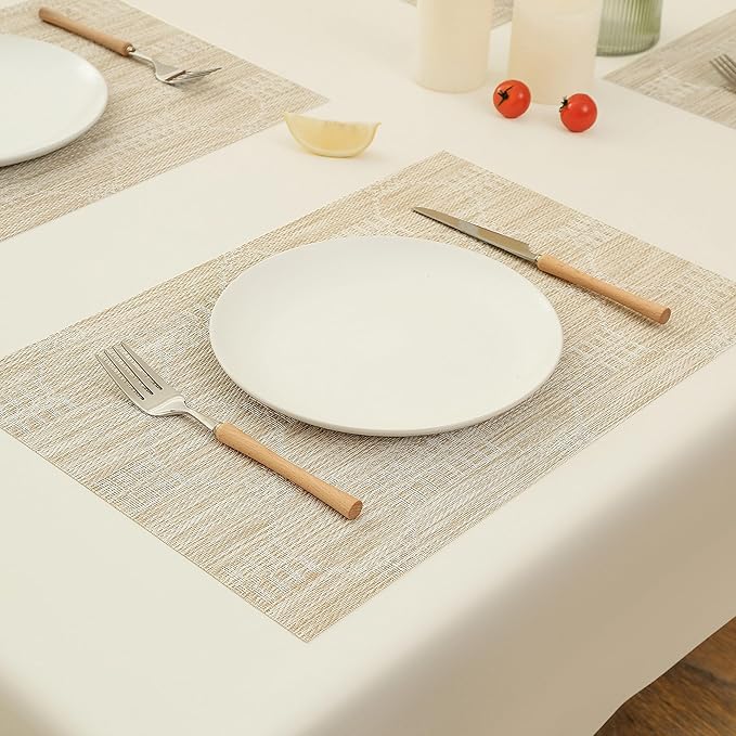 Leetaltree Wheat Placemats Set of 6 - Heat Resistant Non-Slip Place mats for Dining Table, Washable Durable PVC Vinyl Woven Table Mats（Wheat, 6）