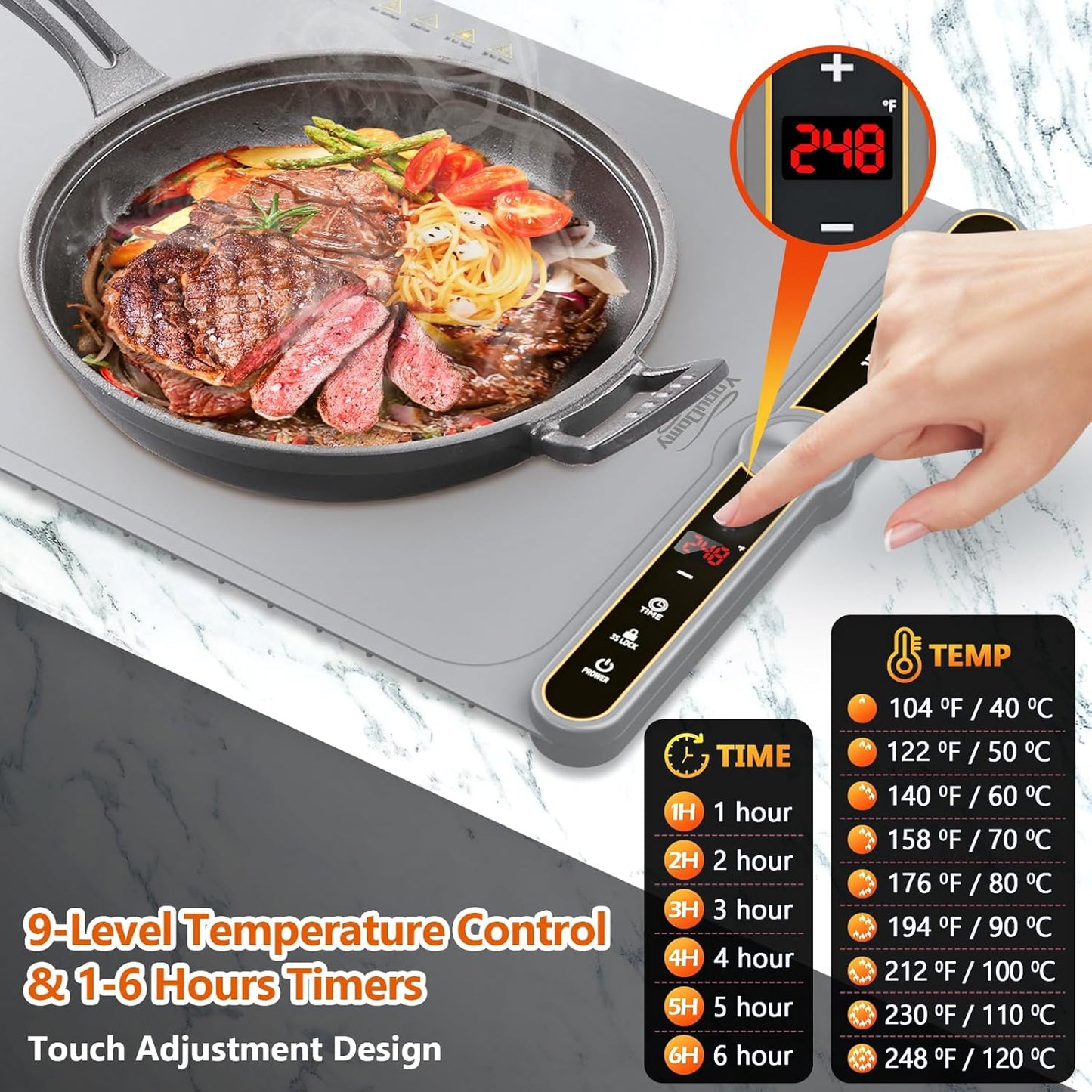 Electric Warming Mat for Food - Warming Tray with 9 Temperature Settings and 6 Hours Timer, Heating Mat for Food with Full Surface Heating for Buffets Party Gatherings and Daily Use（Gray）