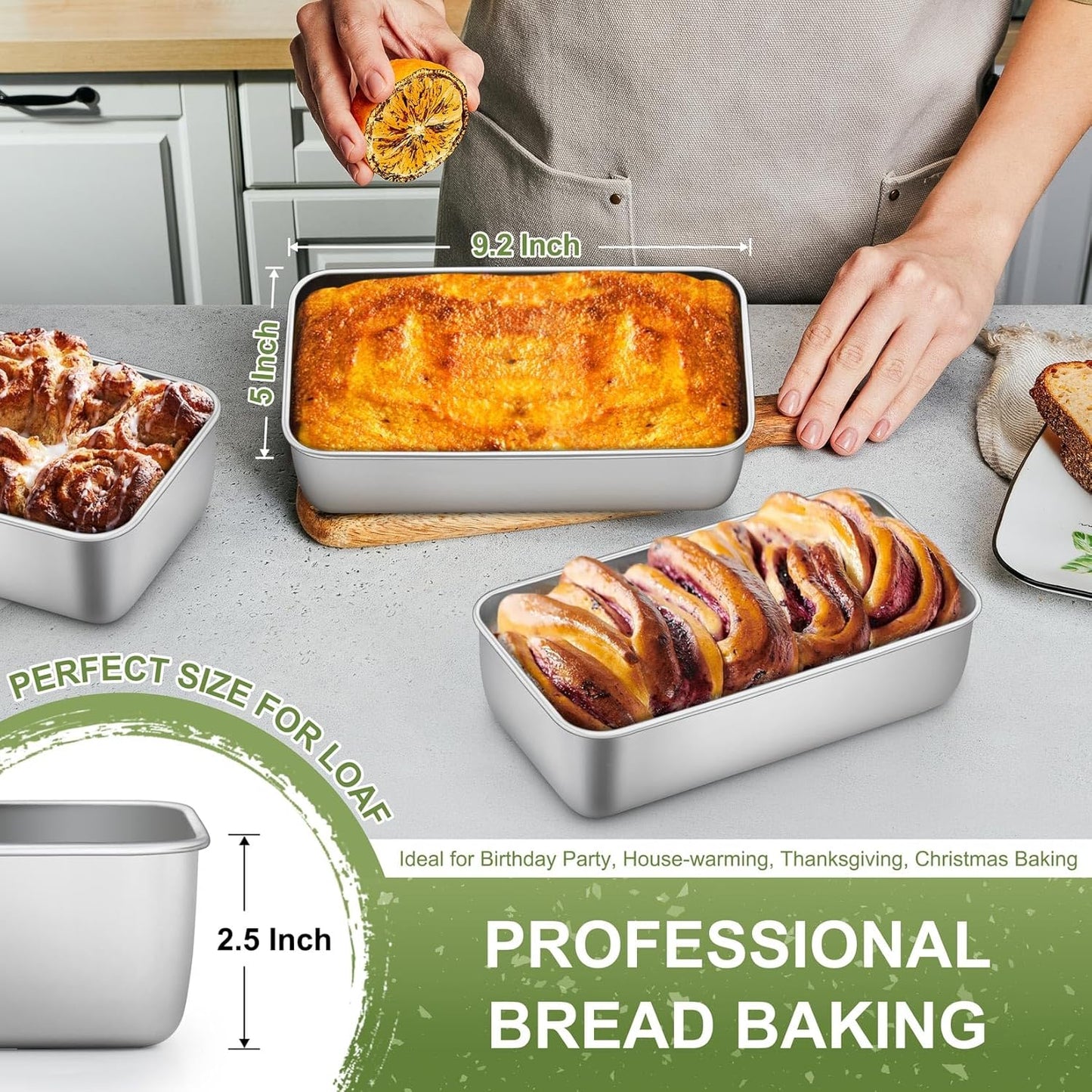 P&P CHEF Loaf Pan Set, 9 x 5 Inch Bread Pans, Stainless Steel Loaf Toast Baking Pans For Bread Meatloaf Lasagna Cake, Healthy & Non Toxic, Oven & Dishwasher Safe,(Silver, 4Pcs)