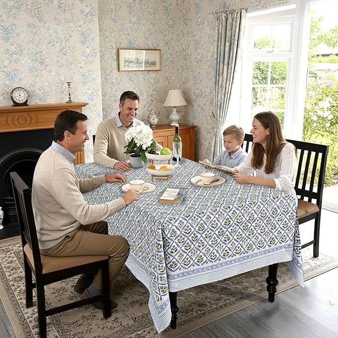 Ridhi Light Steel Blue Hand Block Print Cotton Rectangle Tablecloth 108 x 70 inches Reusable Table Cover Decorative Everyday Use for Dining Room, Farmhouse, Home, Party, Festive & Wedding, Fall