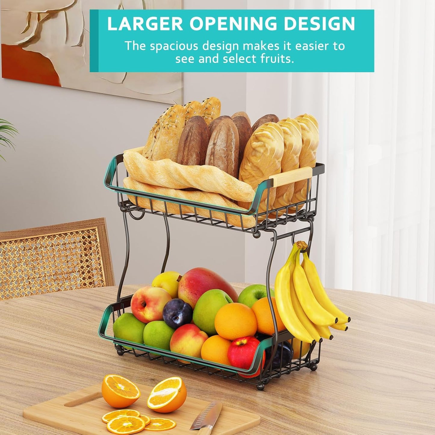 2 Tier Fruit Basket with 2 Banana Hangers, Detachable Countertop Fruit Bowls for Kitchen Counter, Metal Wire Fruit Vegetable Storage Holder Stand with Wooden Handles for Bread, Snacks, Veggies