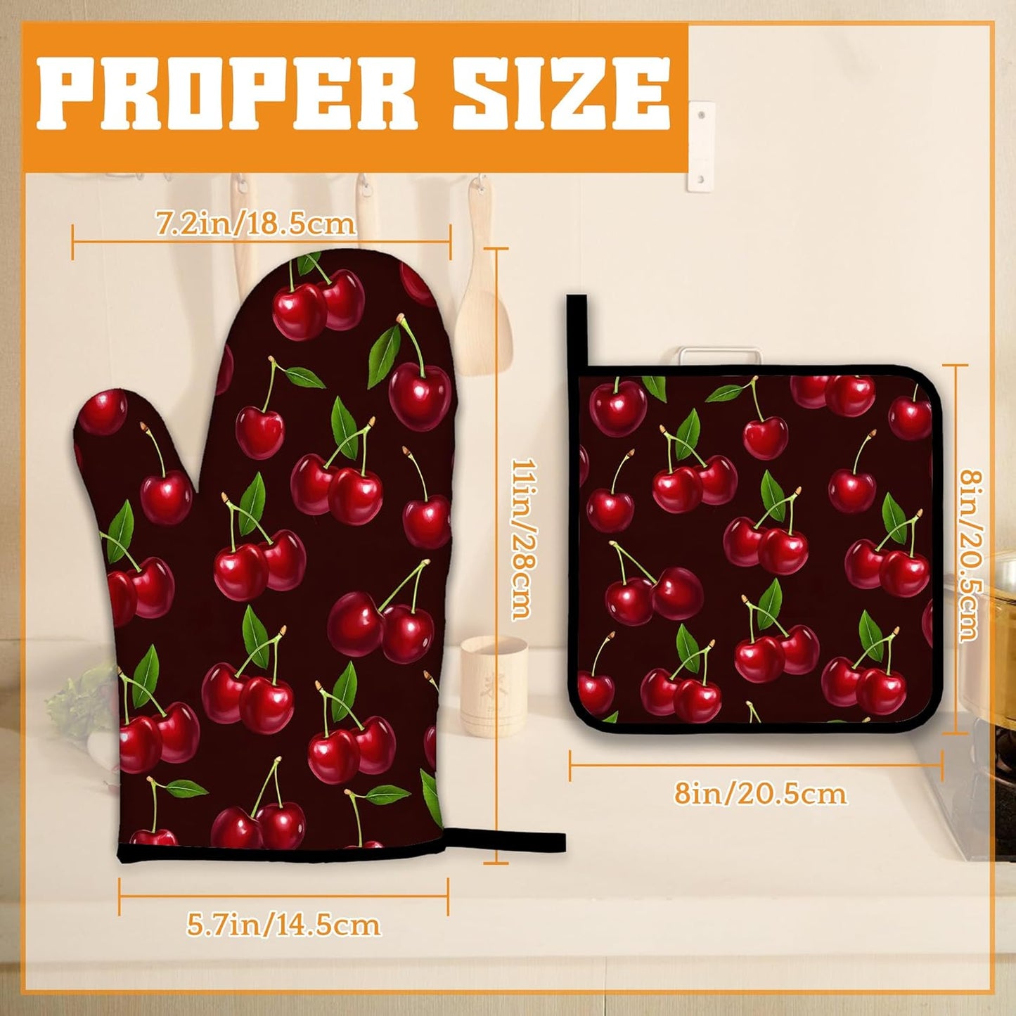 Cherry Oven Mitts and Pot Holders Set,Red Kitchen Decor Heat Resistant Non Slip Hot Pads and Oven Mitt for Chef Cooking Baking BBQ Mom Girl Gifts(4 Piece Set)