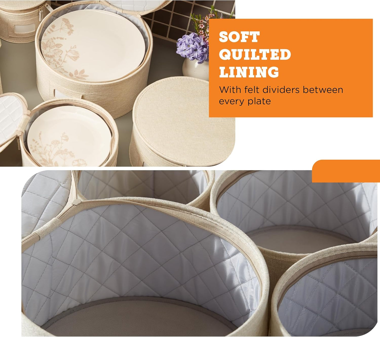 storageLAB China Storage Containers, Hard Shell Case with Felt Dividers for Charger Plates, and Dishes, Ideal for Kitchen Organization, Moving Supplies, and Fine China Storage - 4-Piece Set, Cream