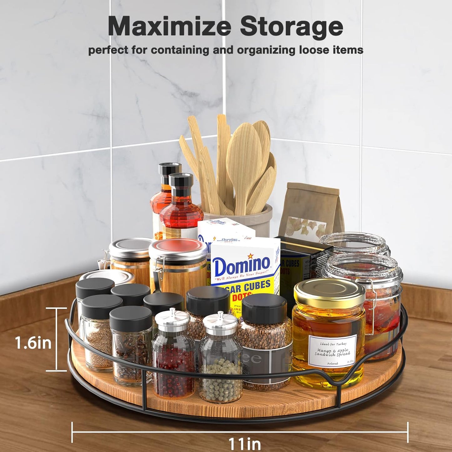 Lazy Susan Turntable Organizer for Cabinet Pantry Kitchen Countertop Refrigerator Cupboard, Pine Wood (Carbonized Black, 12“)