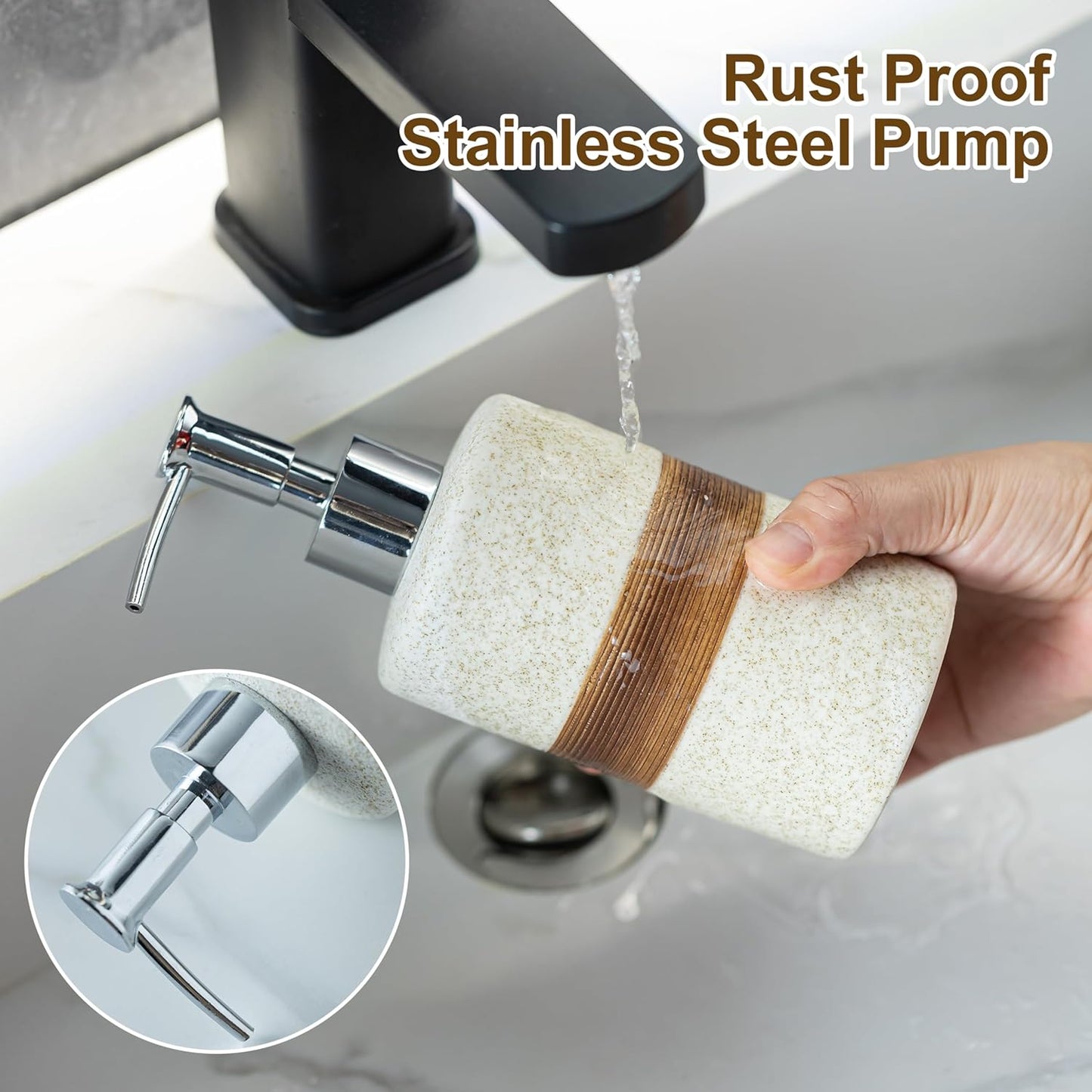 2-Pack Ceramic Soap Dispensers Set, Includes Stainless Steel Pump, Silicone Funnel and Diatomaceous Tray, Hand Soap, Dish Soap, Shampoo and Conditioner Dispenser for Bathroom & Washroom, White