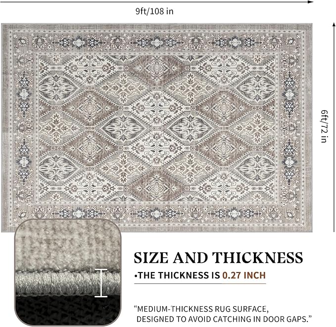 Area Rug for Living Room - 6x9 Vintage Taupe Neutral Washable Rug for Bedroom Dinning Room - Soft Low-Pile Oriental Carpet Non-Slip Tan Rugs for Office - Soft Brown