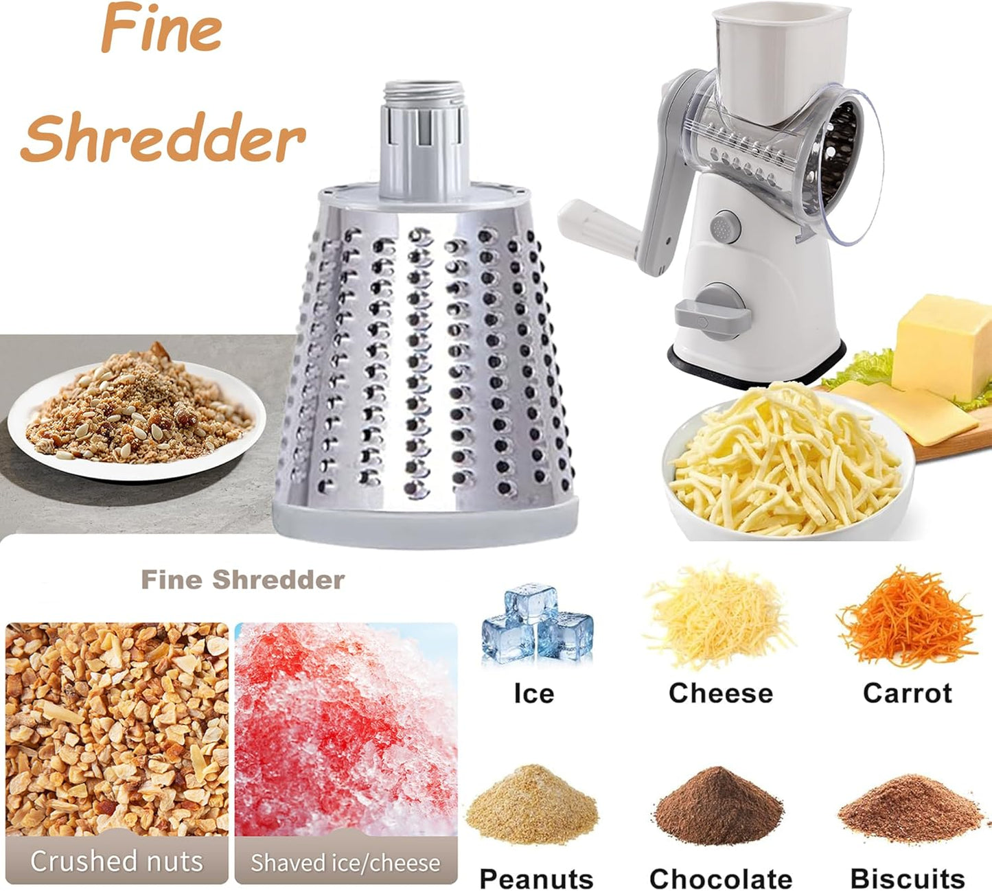 3-in-1 Rotary Cheese Grater Vegetable Slicer, 3 Interchangeable Blades Food Shredder with Anti-Slip Reinforced Suction Base, Kitchen Mandoline Chopper (White)