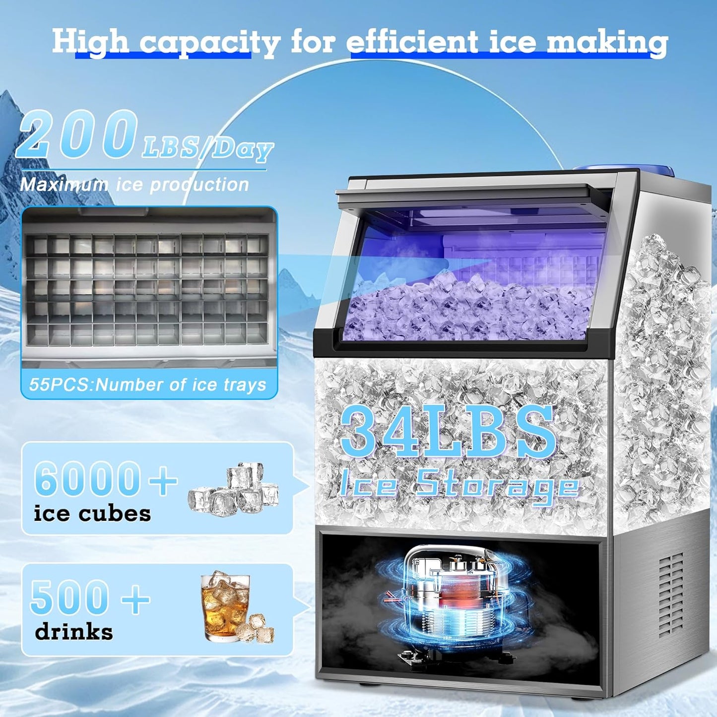 Commercial Ice Maker Machine 200lbs/24H with 34lbs Storage, Stainless Steel Undercounter/Freestanding Ice Machine 2 Water Inlet Modes 55Ice/Cycle, Self-Cleaning for Homes Restaurants Bars