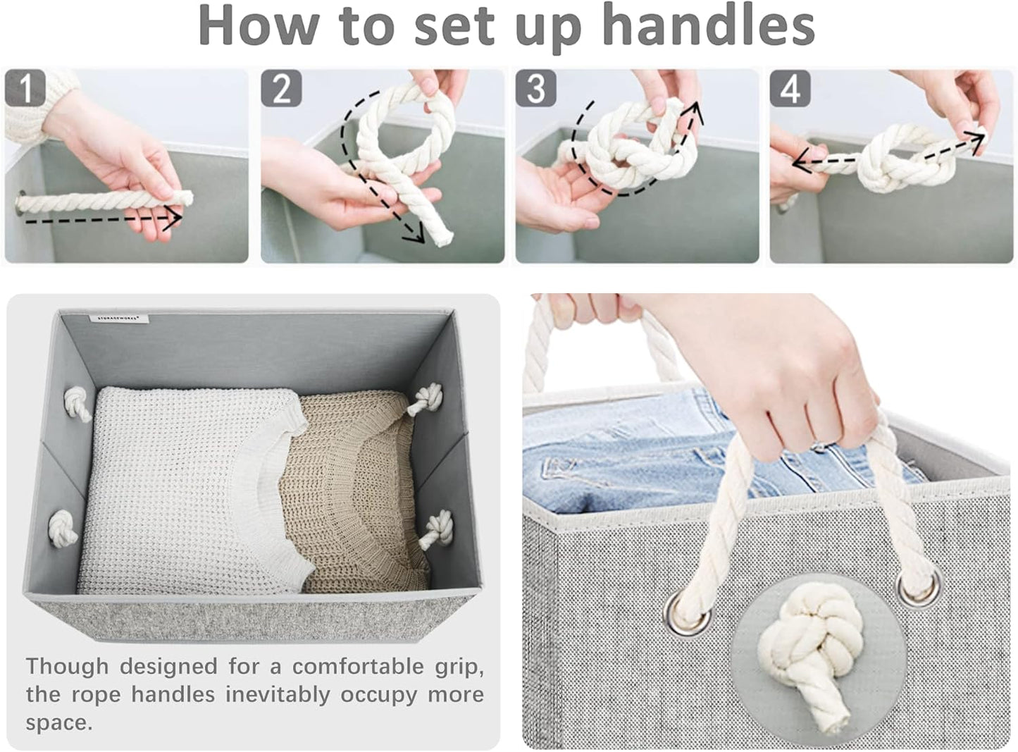 StorageWorks Storage Bins with Lids, Decorative Storage Boxes with Lid and Soft Rope Handles, Foldable Storage Baskets for Closet, Shelves, Stackable, Gray, Jumbo, 3-Pack