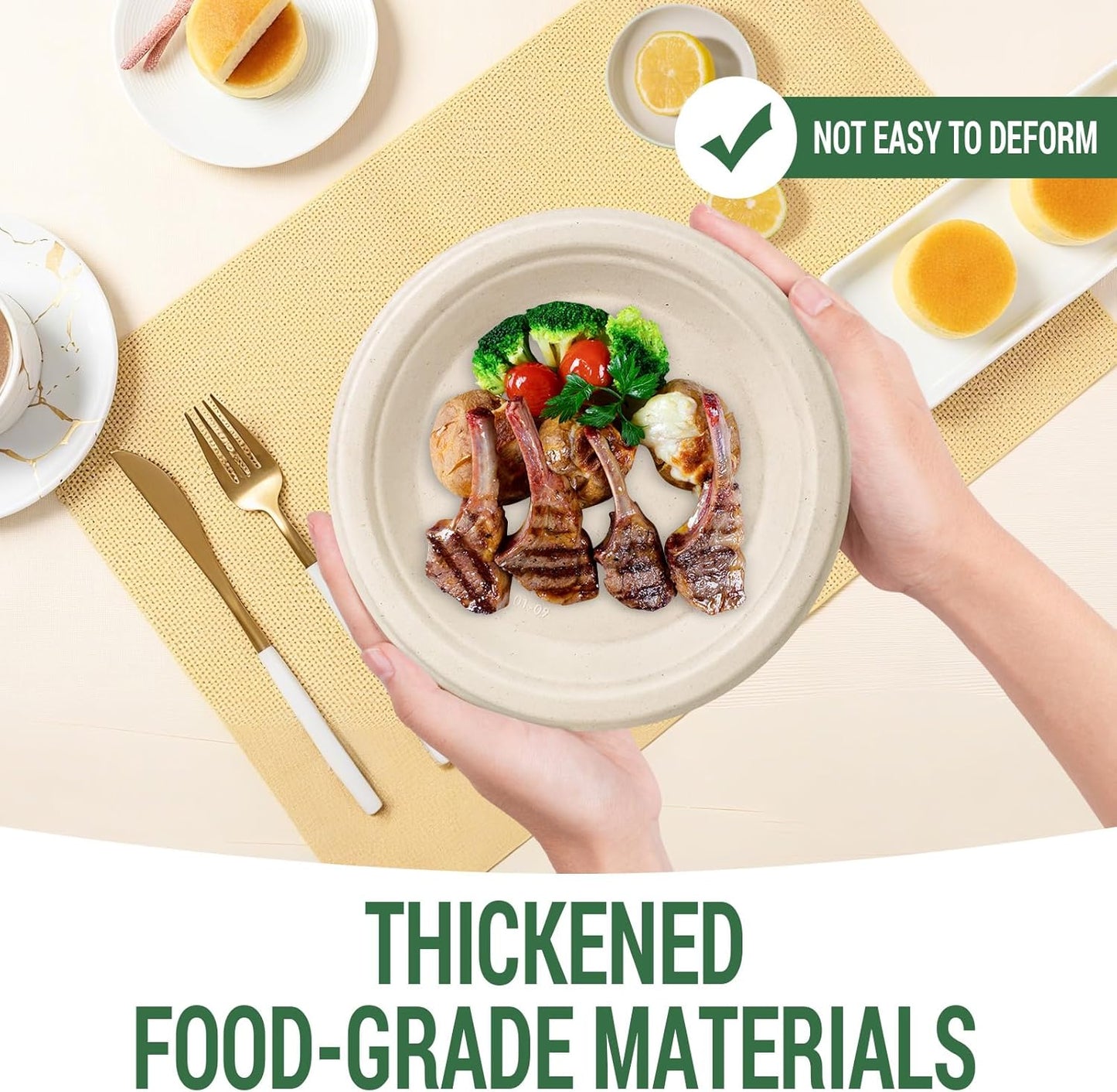 50 Compostable Paper Plates, Includes 25-9" & 25-7" Heavy Duty Disposable Plates, Biodegradable Sugarcane Bagasse, Nature