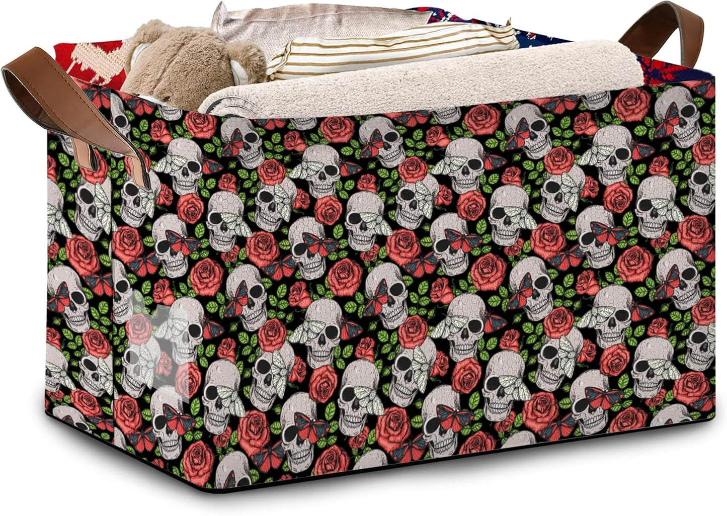Skull Flower Pattern Collapsible Storage Bin-17x11.5x10.5 Inch Foldable Organizer for Halloween Decor, Gothic Room, Under Bed Storage-Single Pack