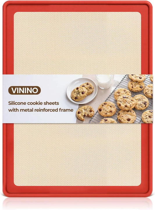 Vinino Silicone Cookie Sheets for Baking with Metal Reinforced Frame, Nonstick Silicone Baking Mat for Oven Low Edges, Half Baking Sheet Pan Dishwasher Safe BPA Free, 16.5"X12.5", Brownish Red