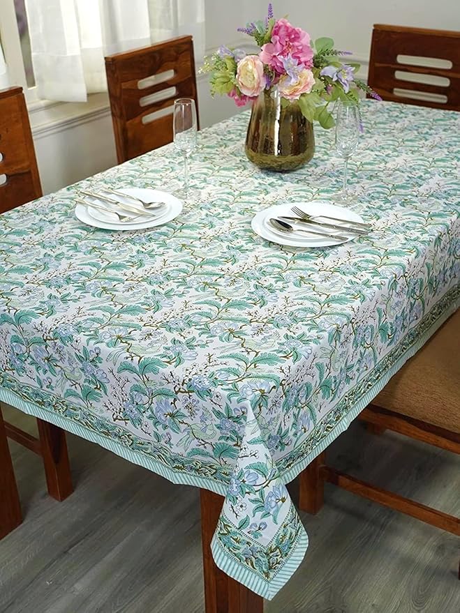 Ridhi Sage and Russian Green Hand Block Print Cotton Rectangle Tablecloth 160 x 72 inch-Reusable Table Cover Decorative Everyday Use for Dining Room, Farmhouse, Thanksgiving, Christmas Wedding, Fall