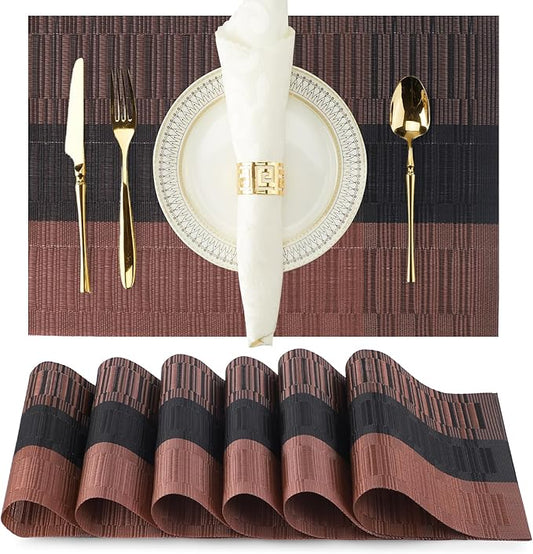 Dark Brown Placemats Set of 6-Durable PVC Vinyl Woven Place Mats for Dining Table Heat Resistant Non-Slip Washable Indoor/Outdoor Table Mats 12 x 17 inch