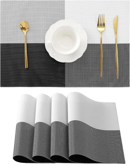 Leetaltree Gray with White Grid Pattern Placemats Set of 4 - Heat Resistant Non-Slip Place mats for Dining Table, Washable Durable PVC Vinyl Woven Table Mats（Grey Grid, 4）