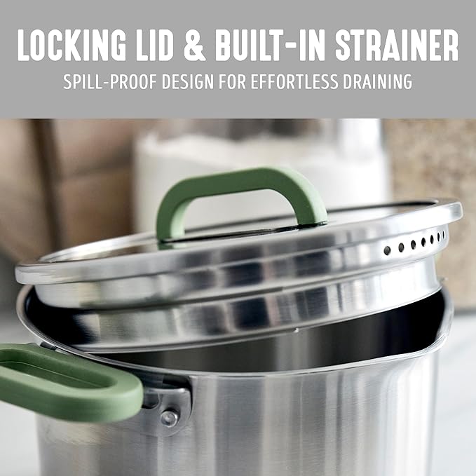 GreenLife 6 Piece Stainless Steel Cookware Set, Induction Kitchen Cooking Pots & Pans, Locking Lids, Built in Strainer, Drip-Free Pour Spouts, Silicone Handles, Saucepan, Stock Pot, Dishwasher Safe