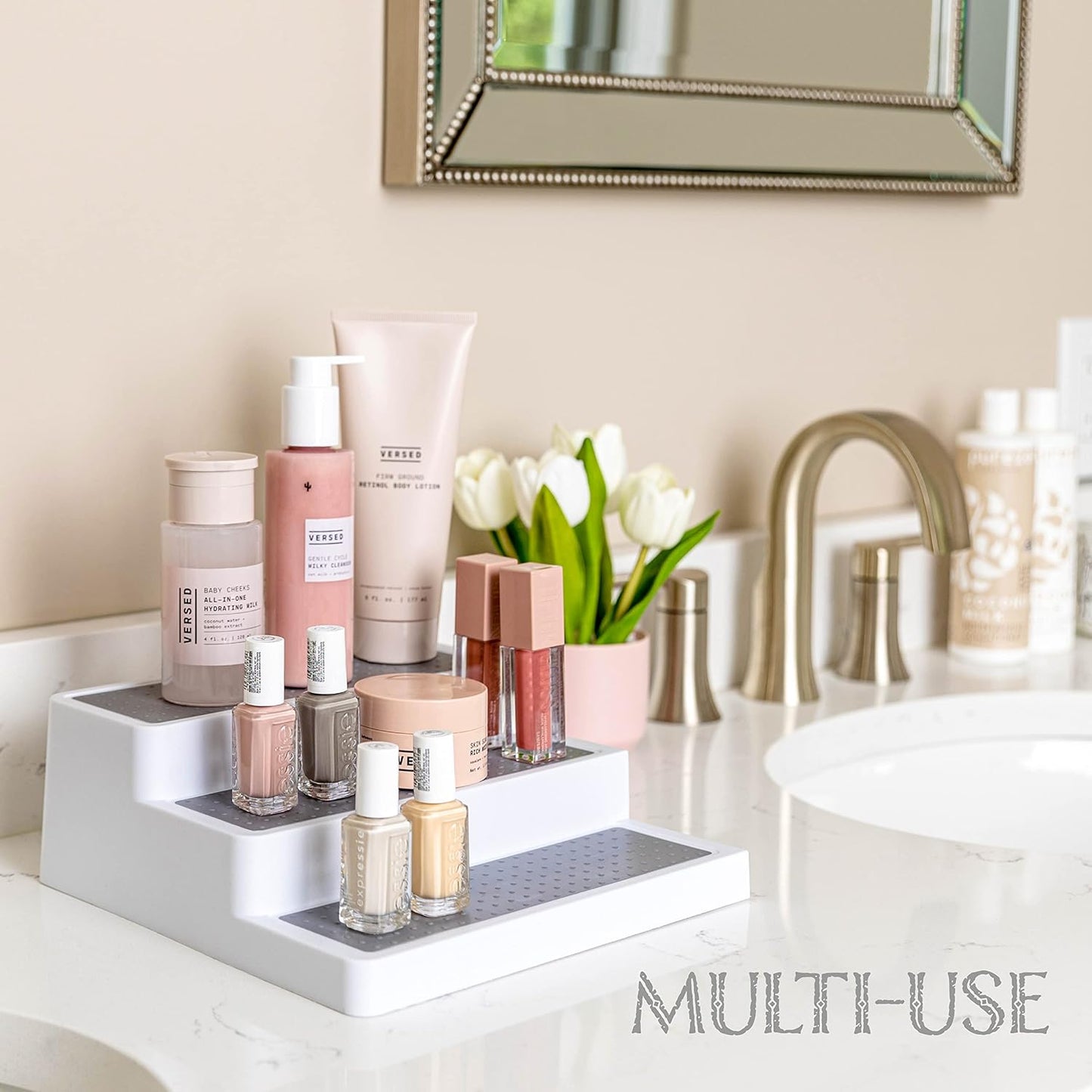 Oizeir 3–Tier Expandable Plastic Spice Rack - Adjustable Length, Stability with Non-Skid Shelf, Three Tiers for Easy Visibility, Organizer for Kitchen Cabinet, Pantry or Countertop, White/Grey