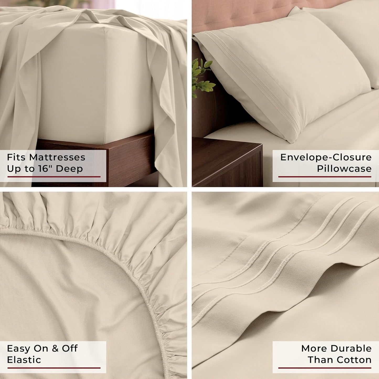 Mellanni King Sheets Set - 4 PC Iconic Collection Bedding - Hotel Luxury, Extra Soft, Cooling Bed Sheets - Wrinkle, Fade, Stain Resistant (King, Beige)