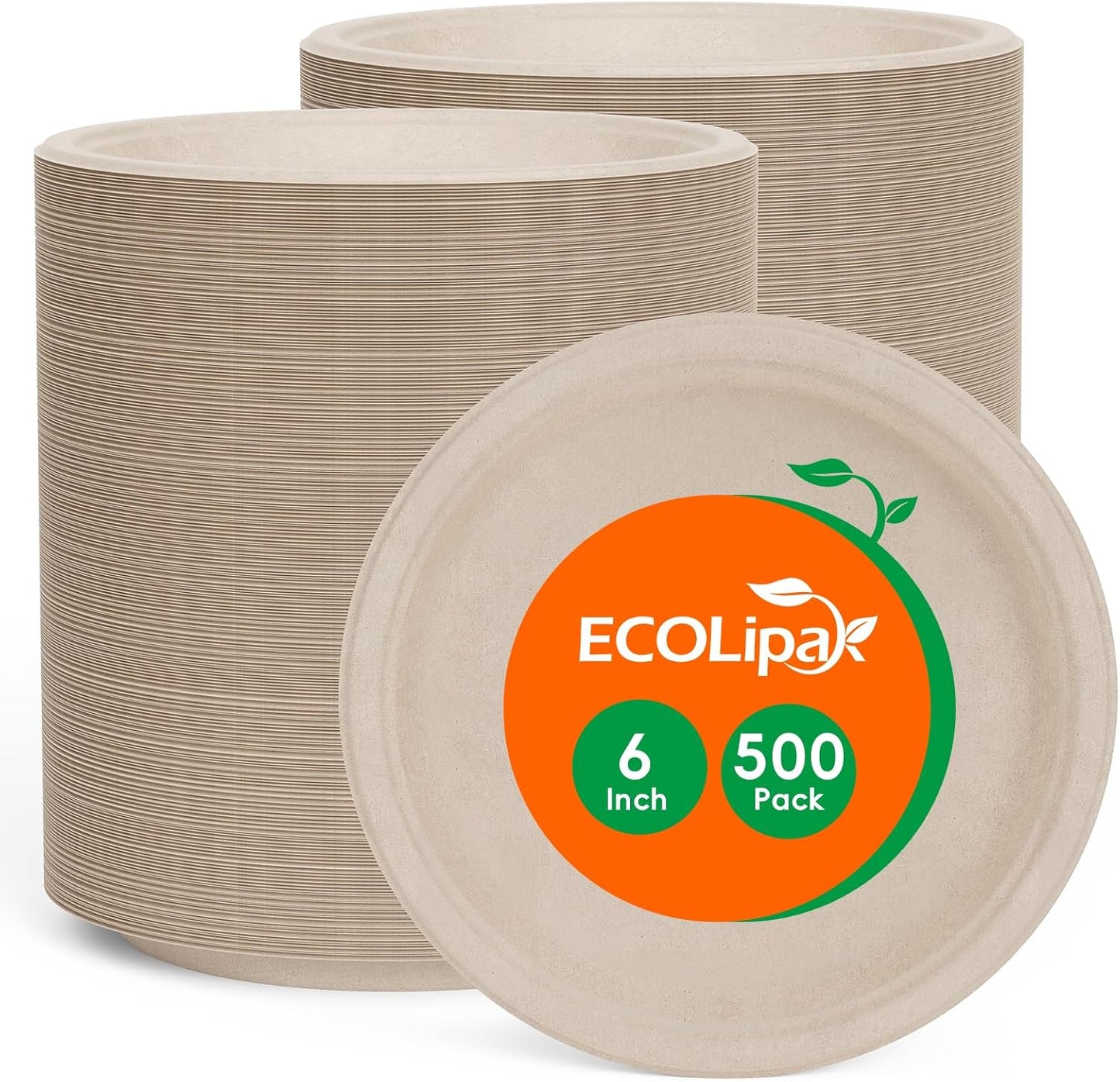 ECOLipak 6 Inch Disposable Compostable Small Paper Plates, 500 Pack Recycled Sugarcane Bagasse Biodegradable Heavy Duty Mini Dinner Appetizer Cake Dessert Plates for Party(Nature)