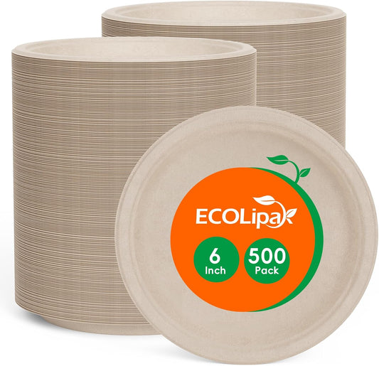 ECOLipak 6 Inch Disposable Compostable Small Paper Plates, 500 Pack Recycled Sugarcane Bagasse Biodegradable Heavy Duty Mini Dinner Appetizer Cake Dessert Plates for Party(Nature)