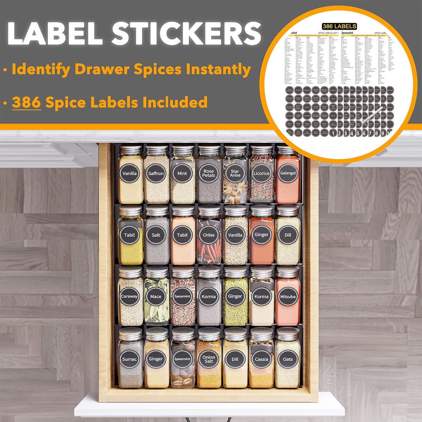 SpaceAid Spice Drawer Organizer with 28 Spice Jars, 386 Spice Labels, 4 Tier Seasoning Rack Tray Insert for Kitchen Drawers, 13" Wide x 17.5" Deep