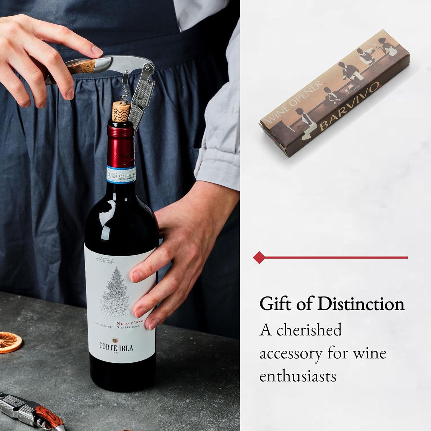 Barvivo Wine Bottle Opener with Double Hinged Corkscrew - 4.5-Inch Manual Wine Key with Foil Cutter and Cap Remover - Stainless Steel Bar Key Tool for Bartenders and Servers - Natural Rosewood Handle