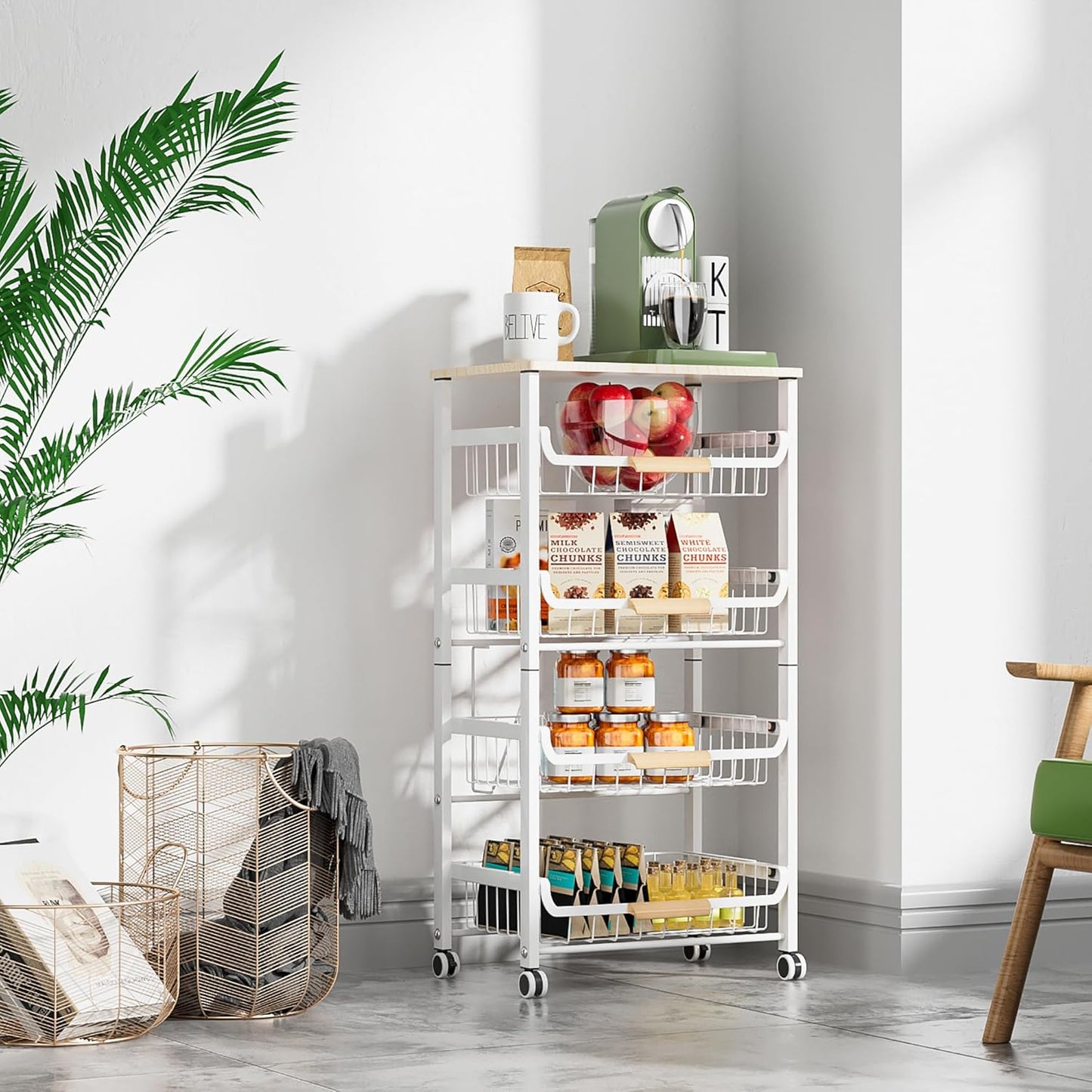 5-Layer Fruit Basket Kitchen Food Organizer and Rack, Stackable Storage Cart with Desktop, Pull-Out Hollow Metal Basket, Wheeled Sorting Rack Spice Rack, Black